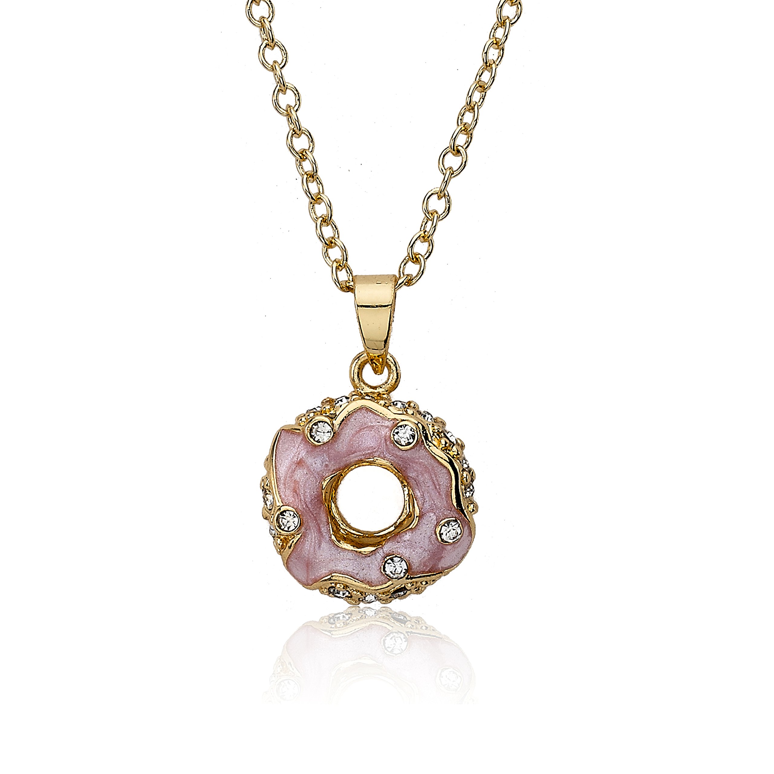 Molly Glitz Sparkle Sweet 14k Gold-Plated Crystal Studded Marbleized Pink Donut Pendant Necklace 14"/2"