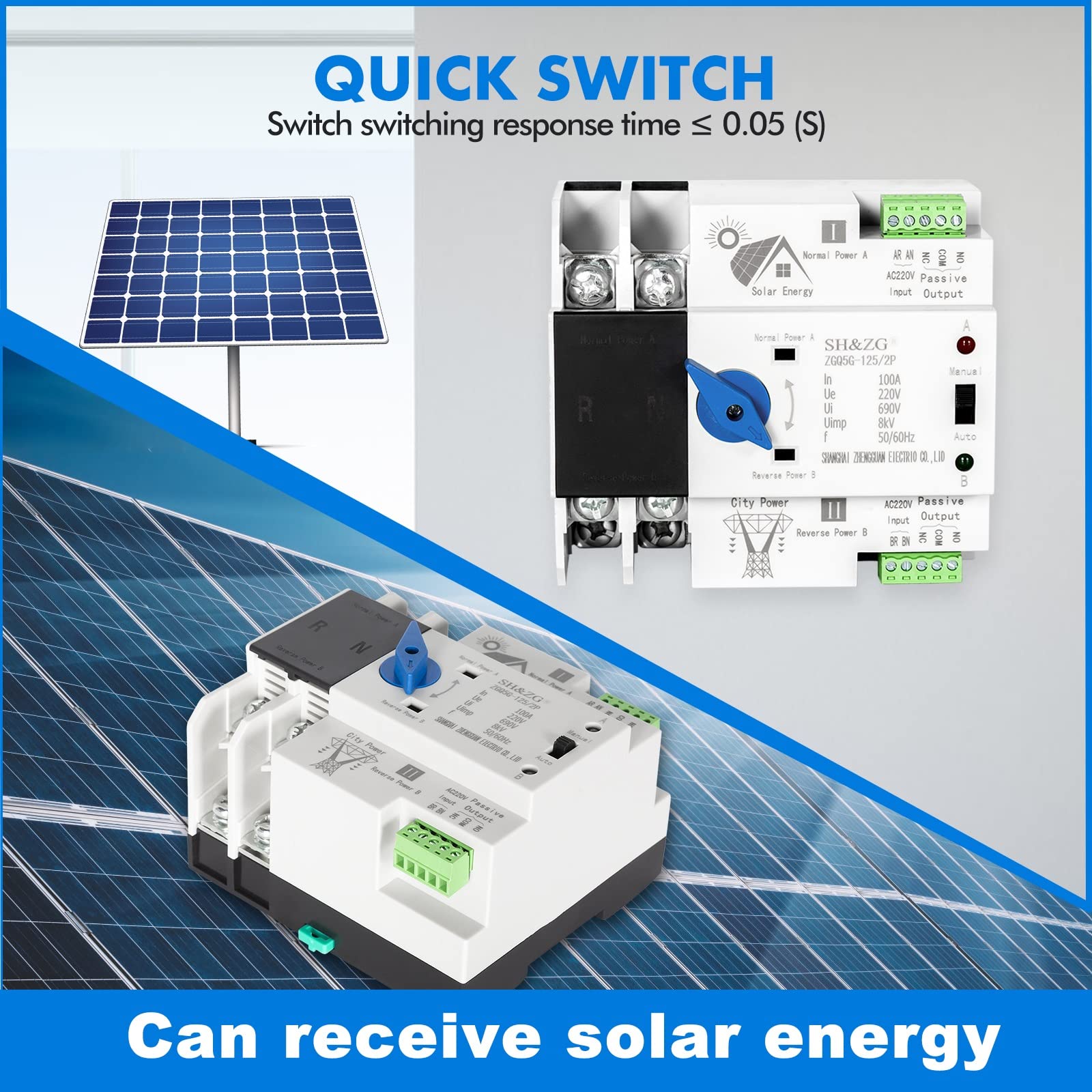 DEWIN 2P 100A ATS Fotovoltaico,Interruttore di Trasferimento Automatico a Doppia Alimentazione Interruttore di Alimentazione Ininterrotta Fotovoltaico 220V Interruttore di Trasfe