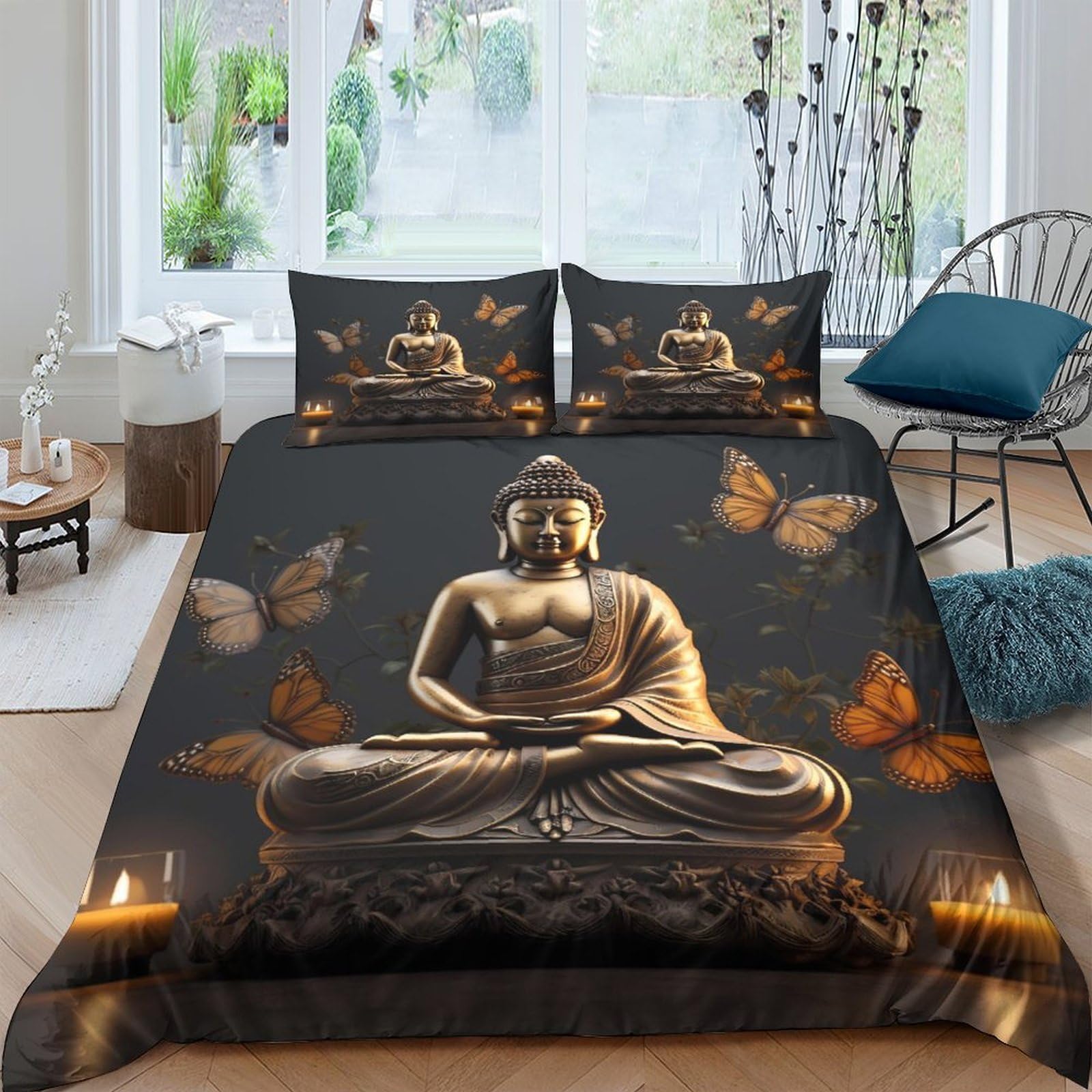 Ctjqhvkz Style-8 3D Printed Buddha Meditation Fitted Sheet Microfiber Orange Butterfly Bed Sheet For Bedroom Guest Room Dorm Decor Single（135X200cm）
