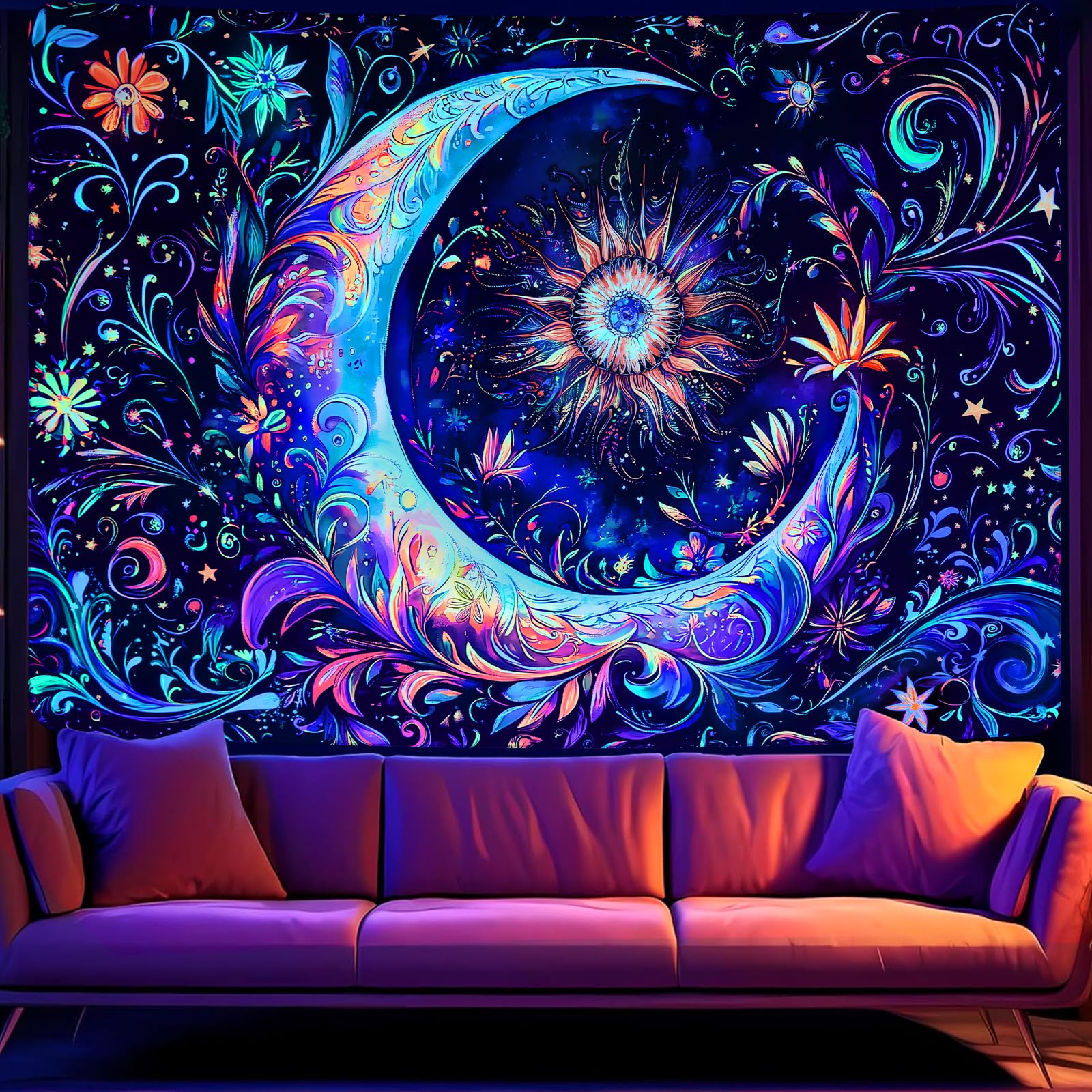 Invoibler Schwarzlicht-Wandteppich, UV-reaktiv, Mandala, Mond, Sonne, Wandkunst, Bohemian-Stil, ästhetischer Boho-Wandbehang für Schlafzimmer (180 x 235 cm)