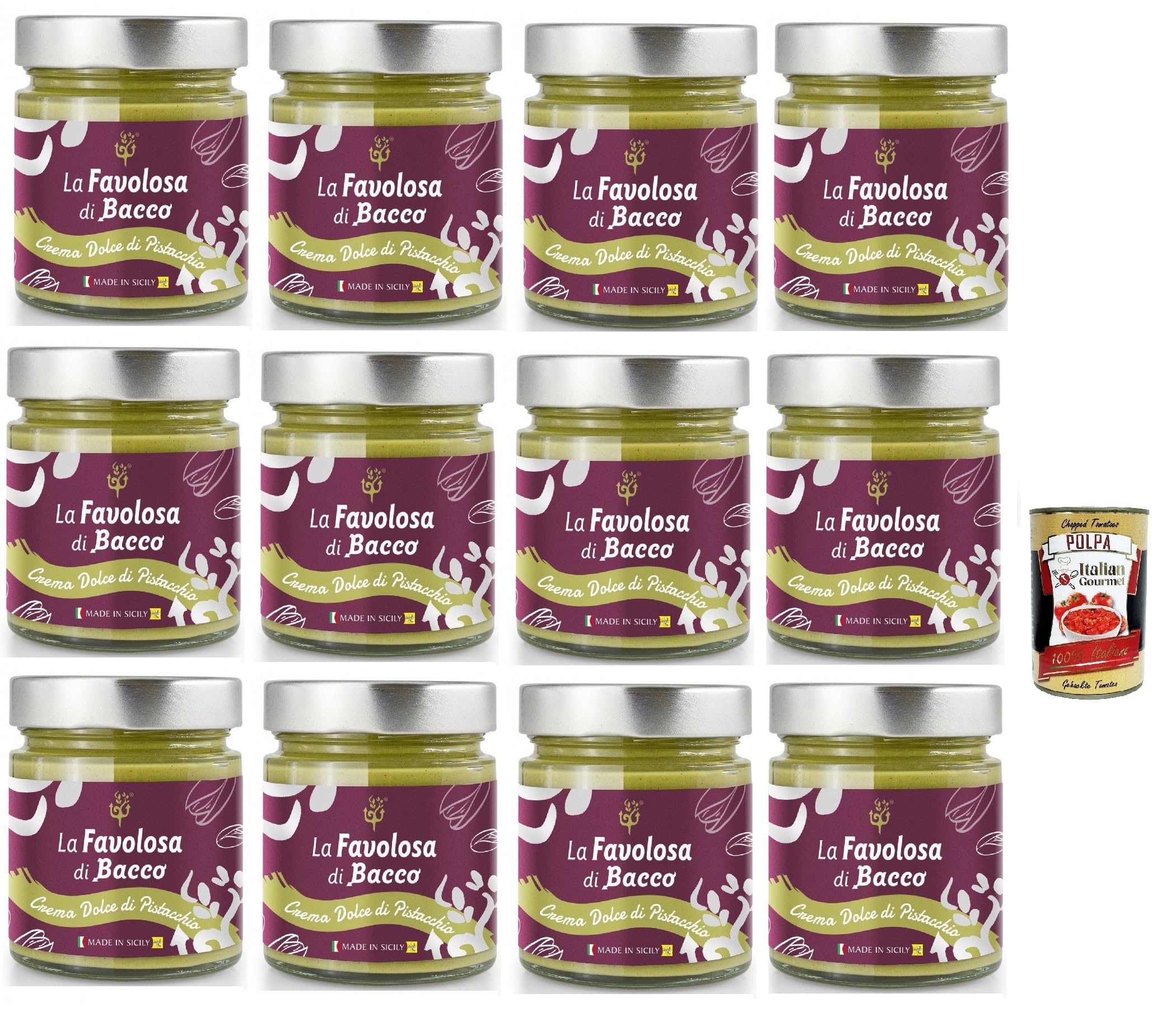 Bacco Crema Spalmabile Al Pistacchio Favolosa Crème à tartiner à la pistache Elite avec 40% de pistaches 12 x 190 g de crème à tartiner à la pistache + Italian Gourmet Polpa 400 g