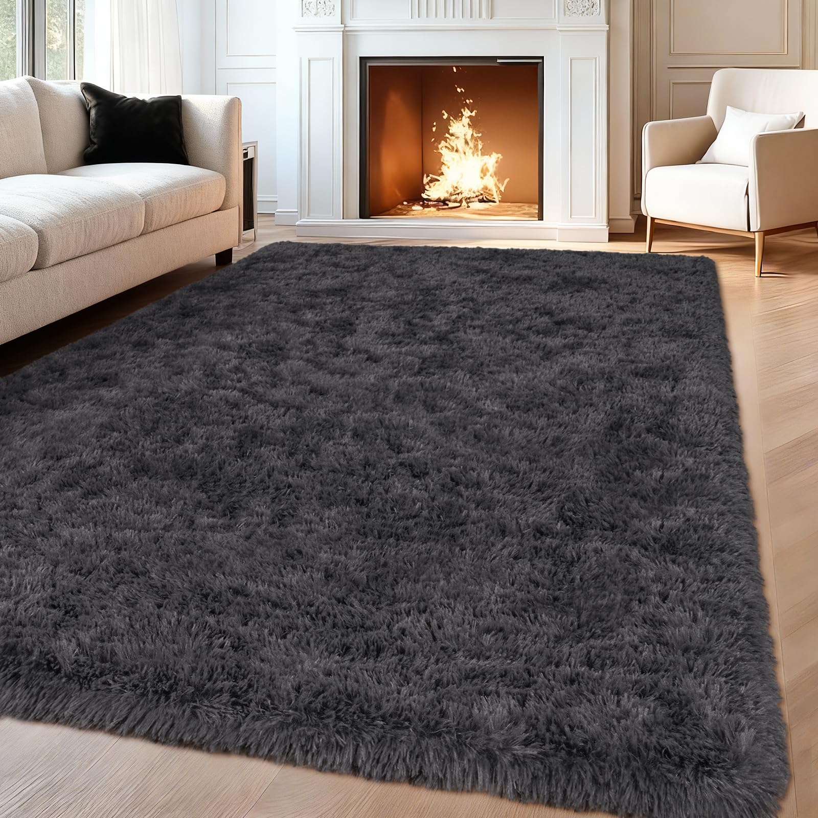 iEvery Rugs for Living Room 140x200 cm - Fluffy Shaggy Area Rug for Bedroom, Soft Non Slip High Pile Modern Floor Carpet for Kids Room, Charcoal