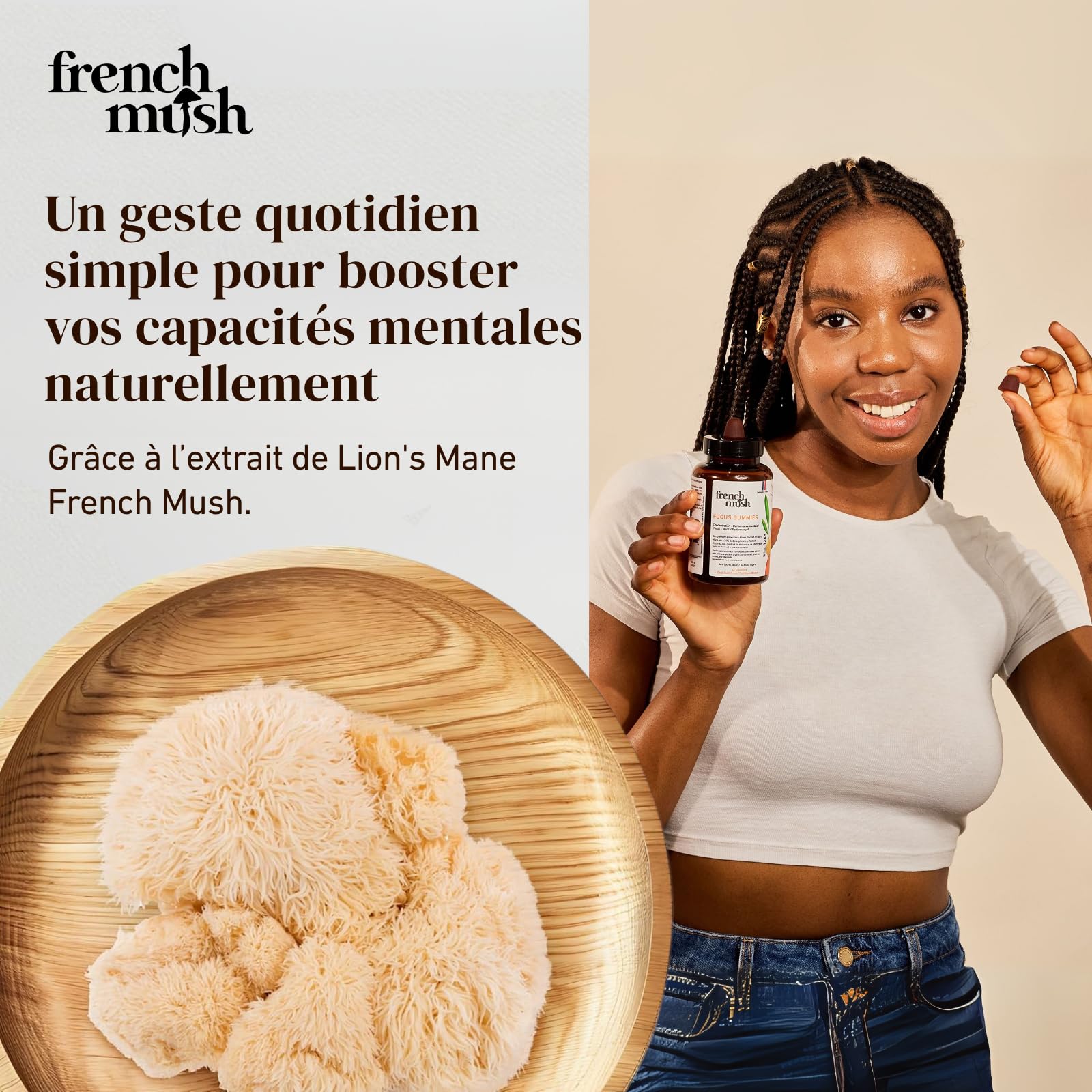 French Mush Lion’s Mane Gummies – Complément Mémoire et Concentration – Multivitamines avec Vitamine C, B6, Acérola et Thé Vert – Bien-Être, Relaxation – 42 Gummies Vegan Multifruits