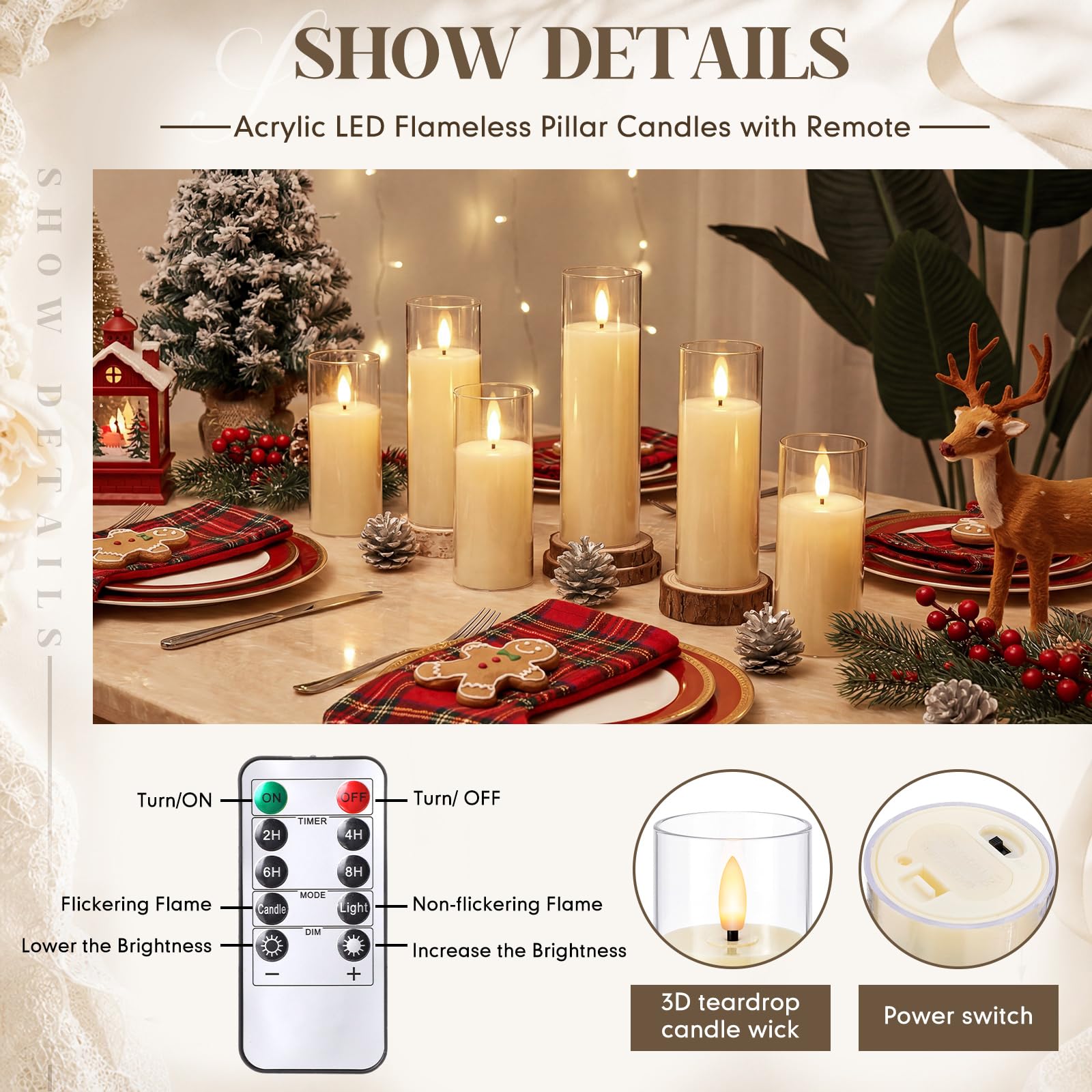 Retisee Confezione da 60 candele a LED in acrilico senza fiamma tremolanti con timer remoto (D 2,2 x H 12,7 cm, 15,2 cm, 17,8 cm), stoppino 3D in vera cera, funzionamento a batteria, per decorazione