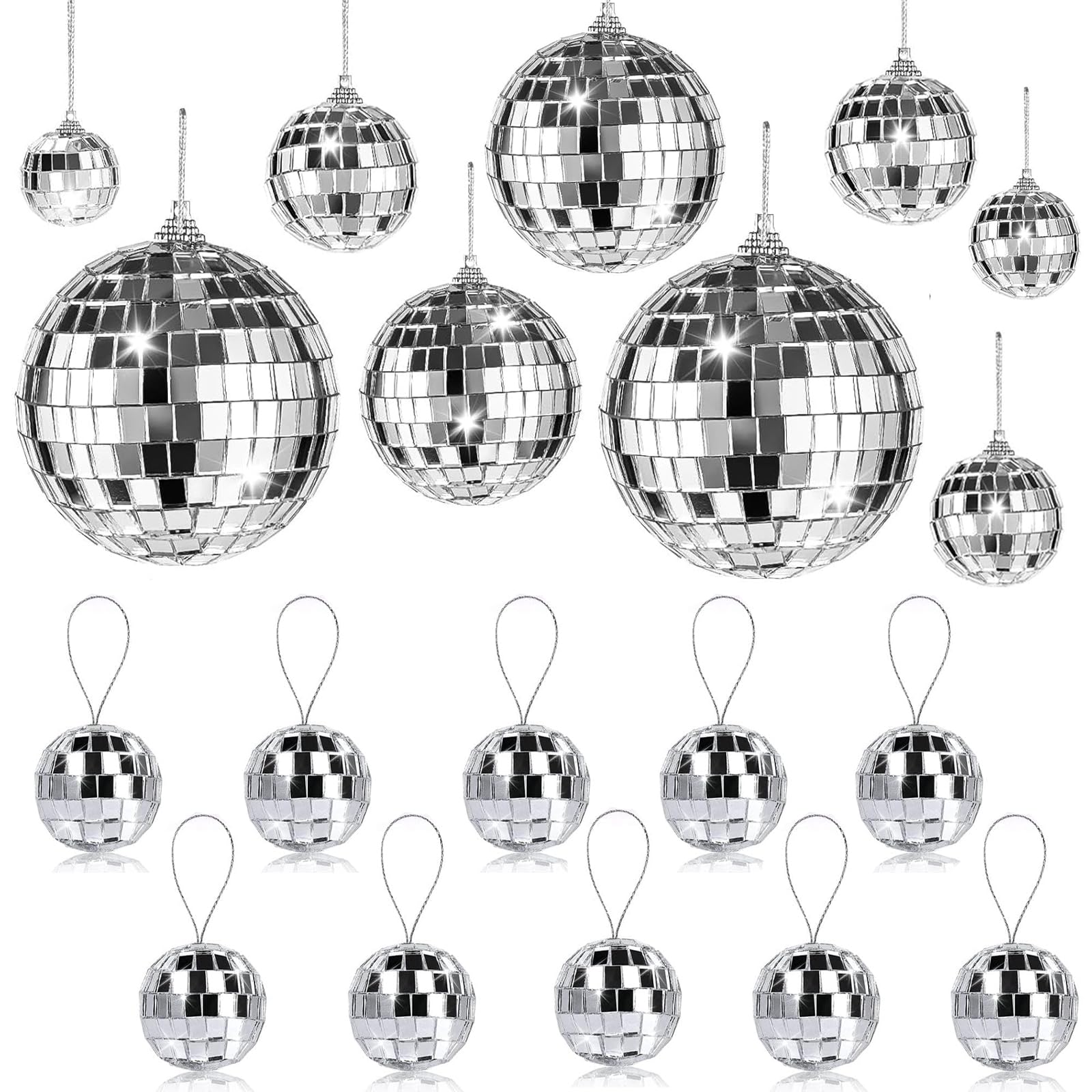 25 Stück Disco Spiegel Balls - 4 Größen (3-6 Cm) Silber, Mit 15 M Seil Für Party-Dekoration