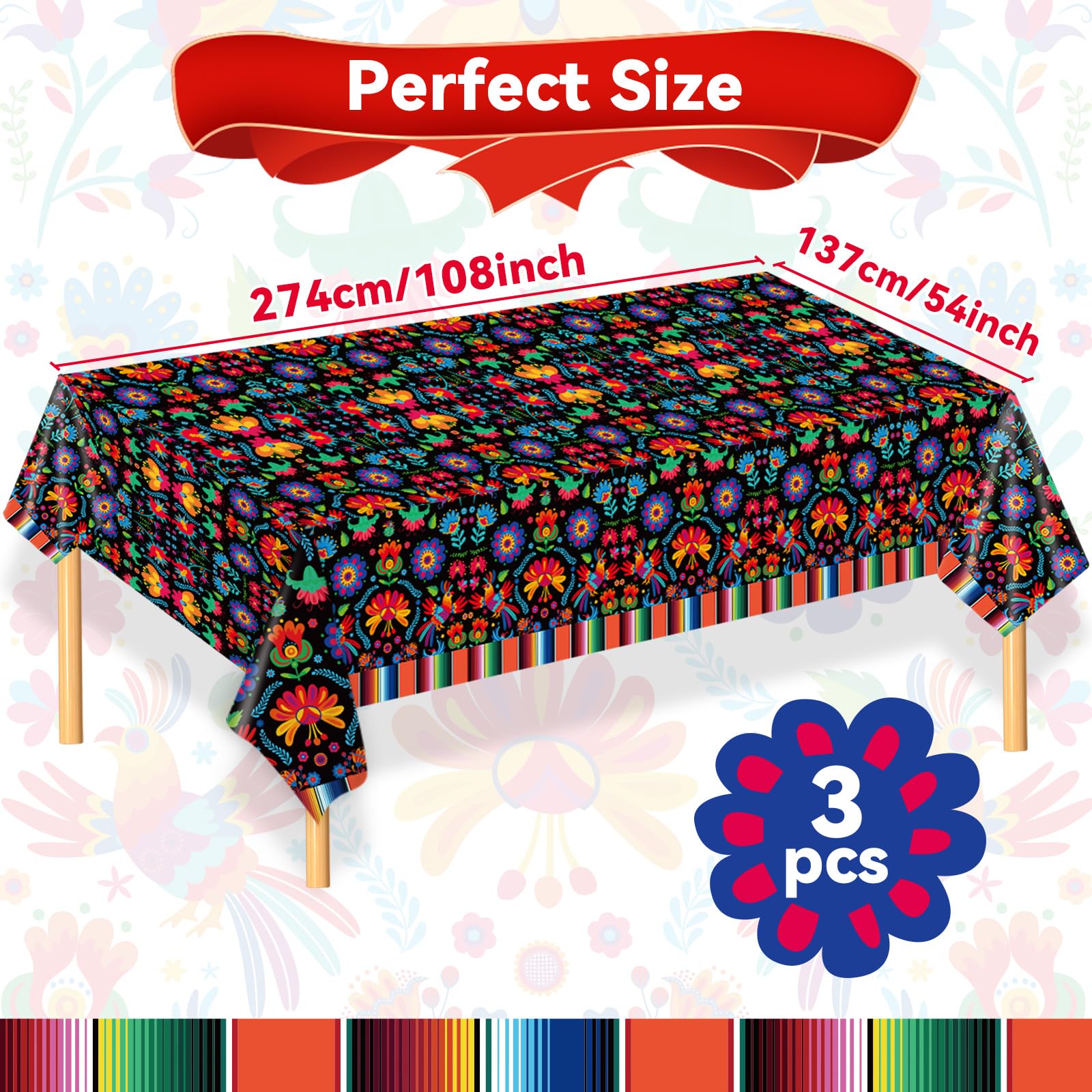 3 Pcs Mexican Fiesta Tablecloth Decorations, 108