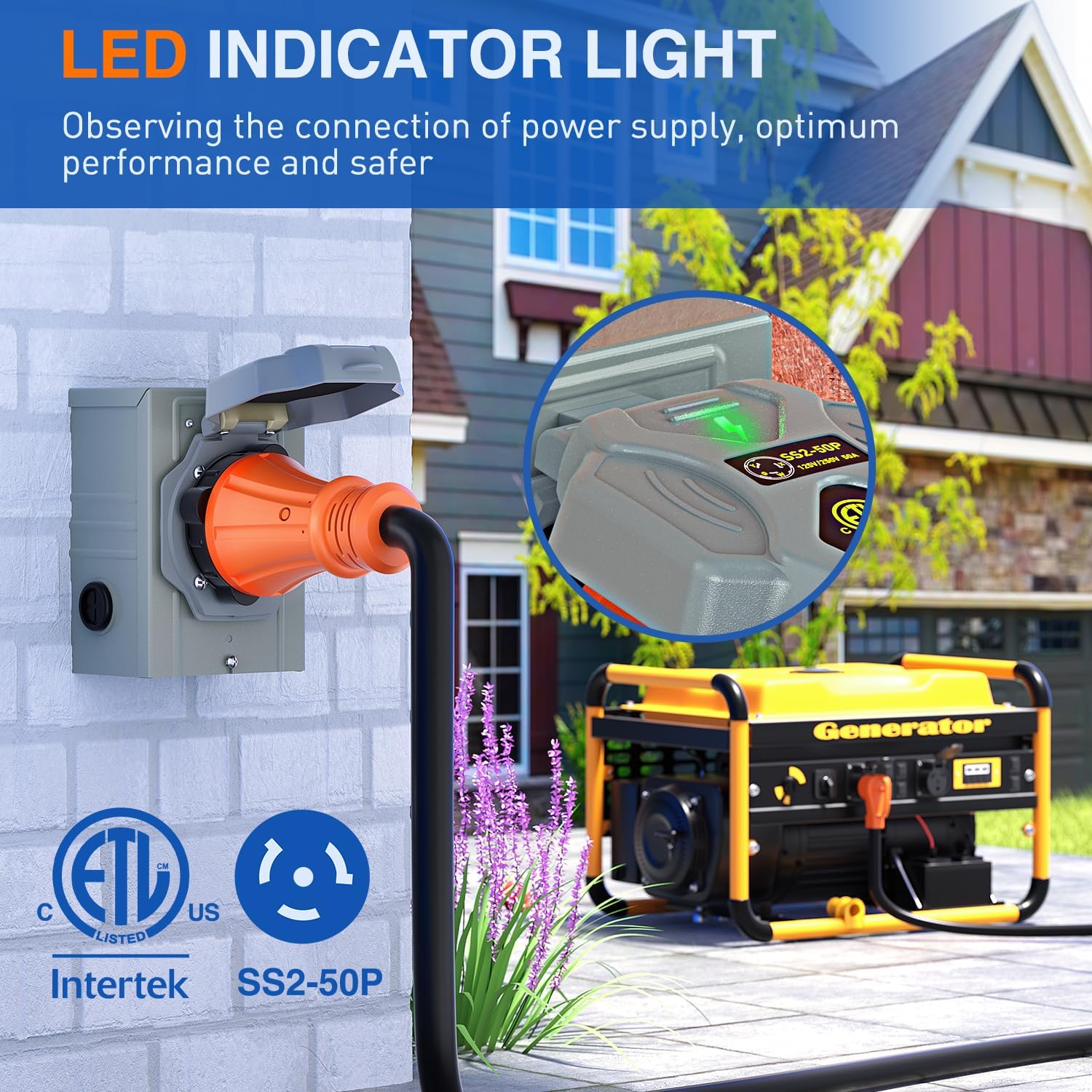 Nilight 50 AMP Generator Power Inlet Box 125/250V NEMA SS2-50P Receptacle LED Indicator Pre-drilled ETL Listed Enclosed Lockable Waterproof Outlet for RV Camper Outdoor Use