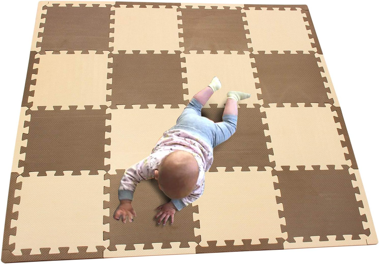 MQIAOHAM 16pcs+16 Edges Interlocking Soft Kids Baby EVA Foam Activity Play Mat Floor Tiles Coffee Beige 106110Z16