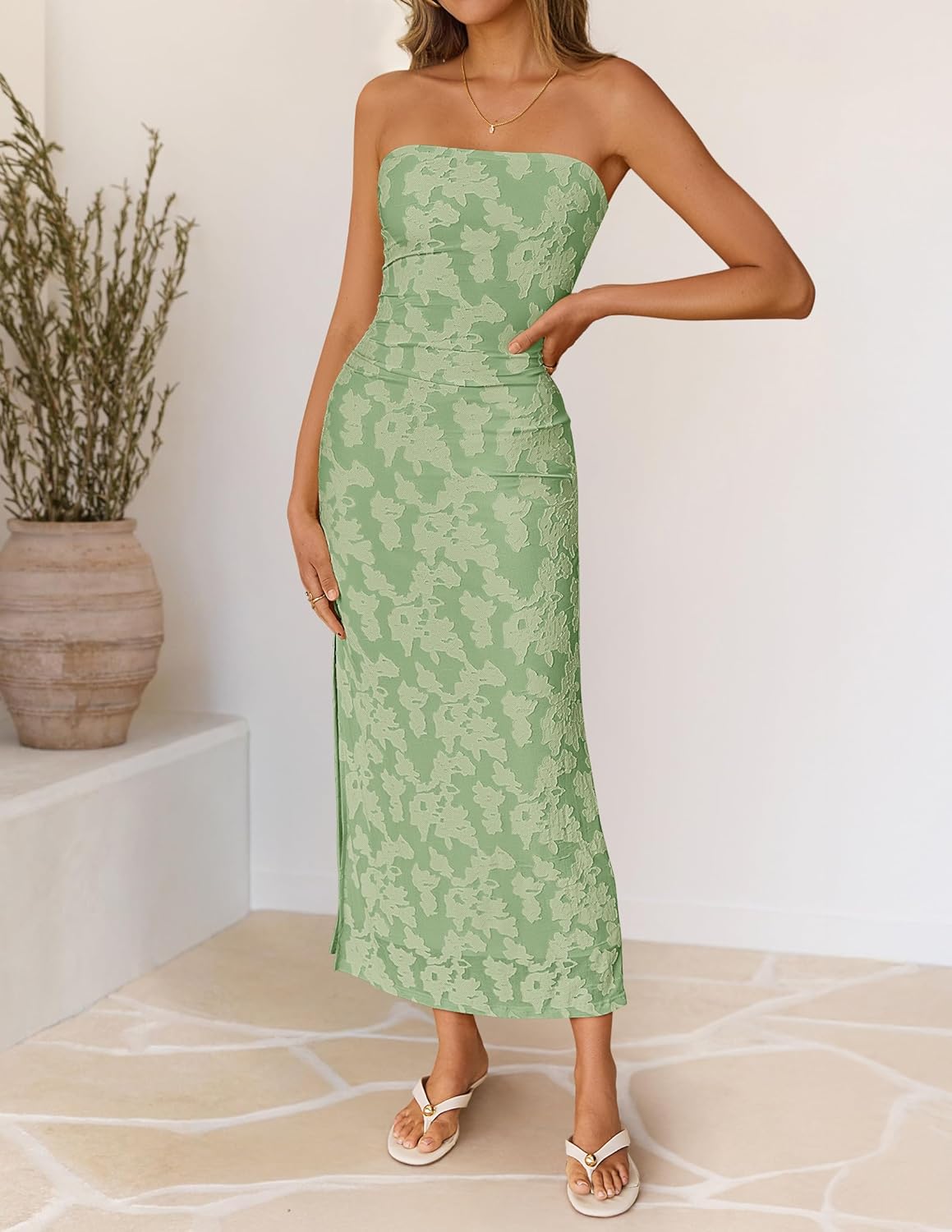 ZESICA Women's 2026 Summer Floral Strapless Maxi Dress Bodycon Tube Side Slit Mesh Wedding Guest Cocktail Party Long Dresses - Image 4