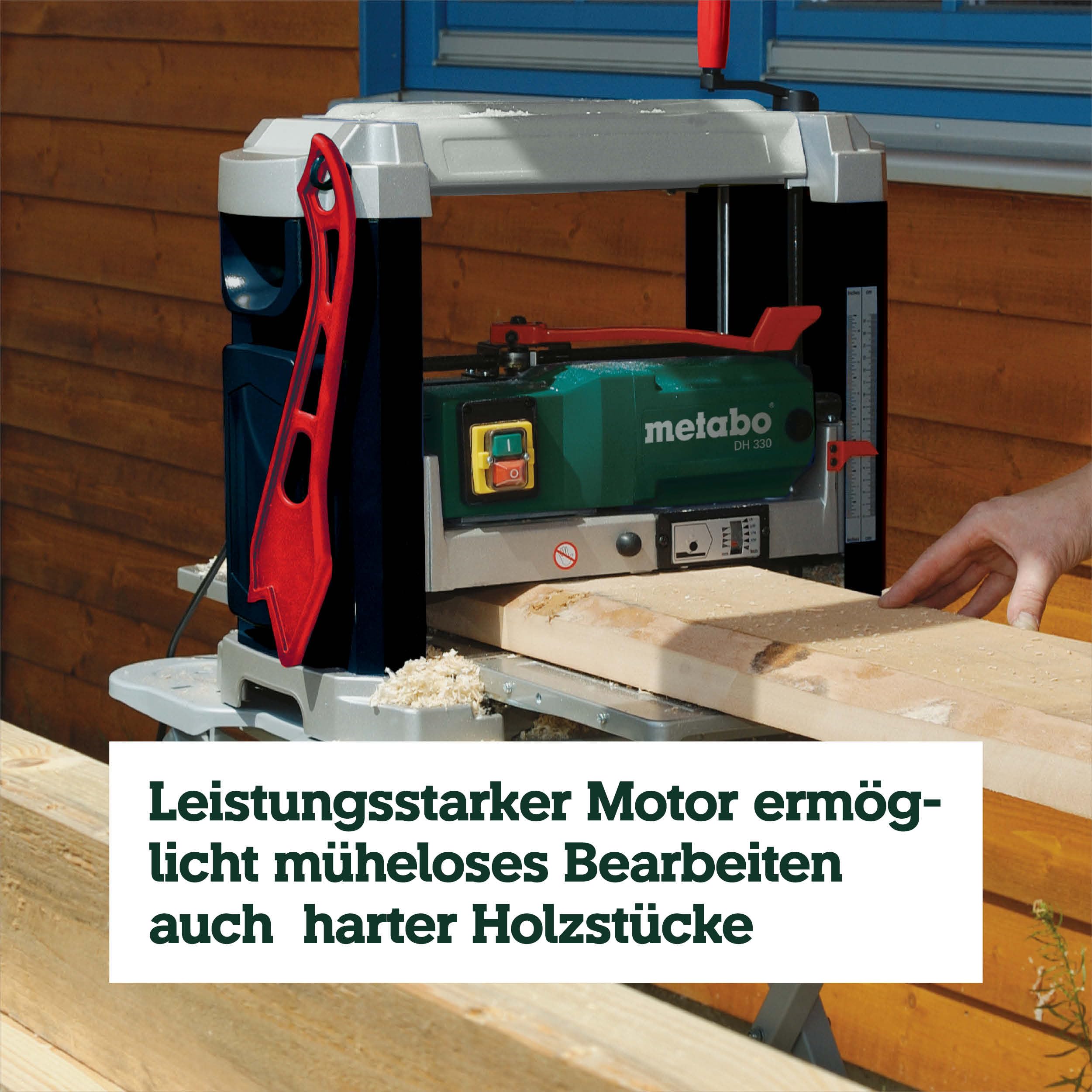 metabo Dickenhobel DH 330, Mobile Hobelmaschine mit 1800 W und HSS-Messer | Dickenhobelmaschine mit 330 mm Durchlassbreite, 152 mm Durchlasshöhe, Absaugstutzen, Schiebestock und 2 HSS-Messern