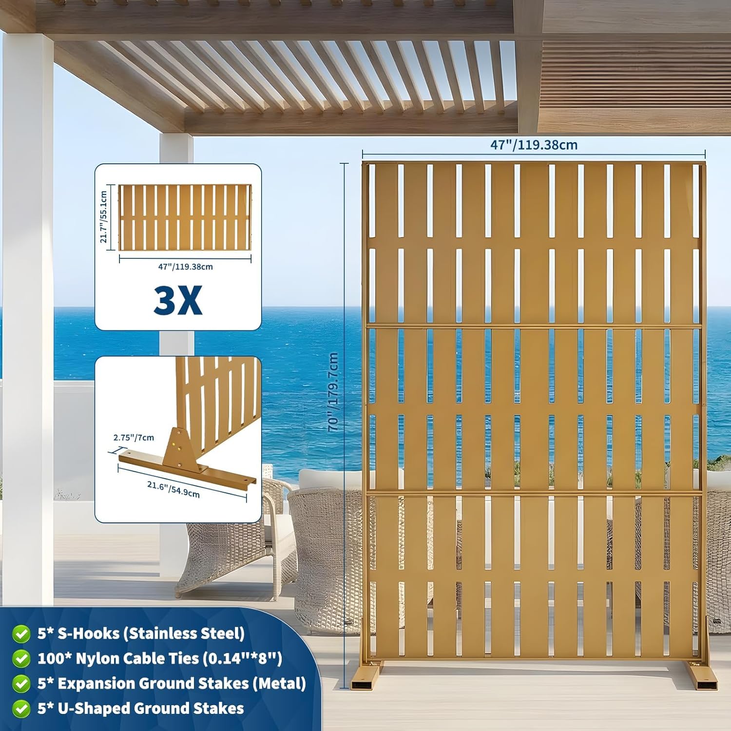 Metal Outdoor Privacy Screen, 47" w x 71" h Durable Weather-Resistant Patio & Yard Partition for Outdoor Spaces