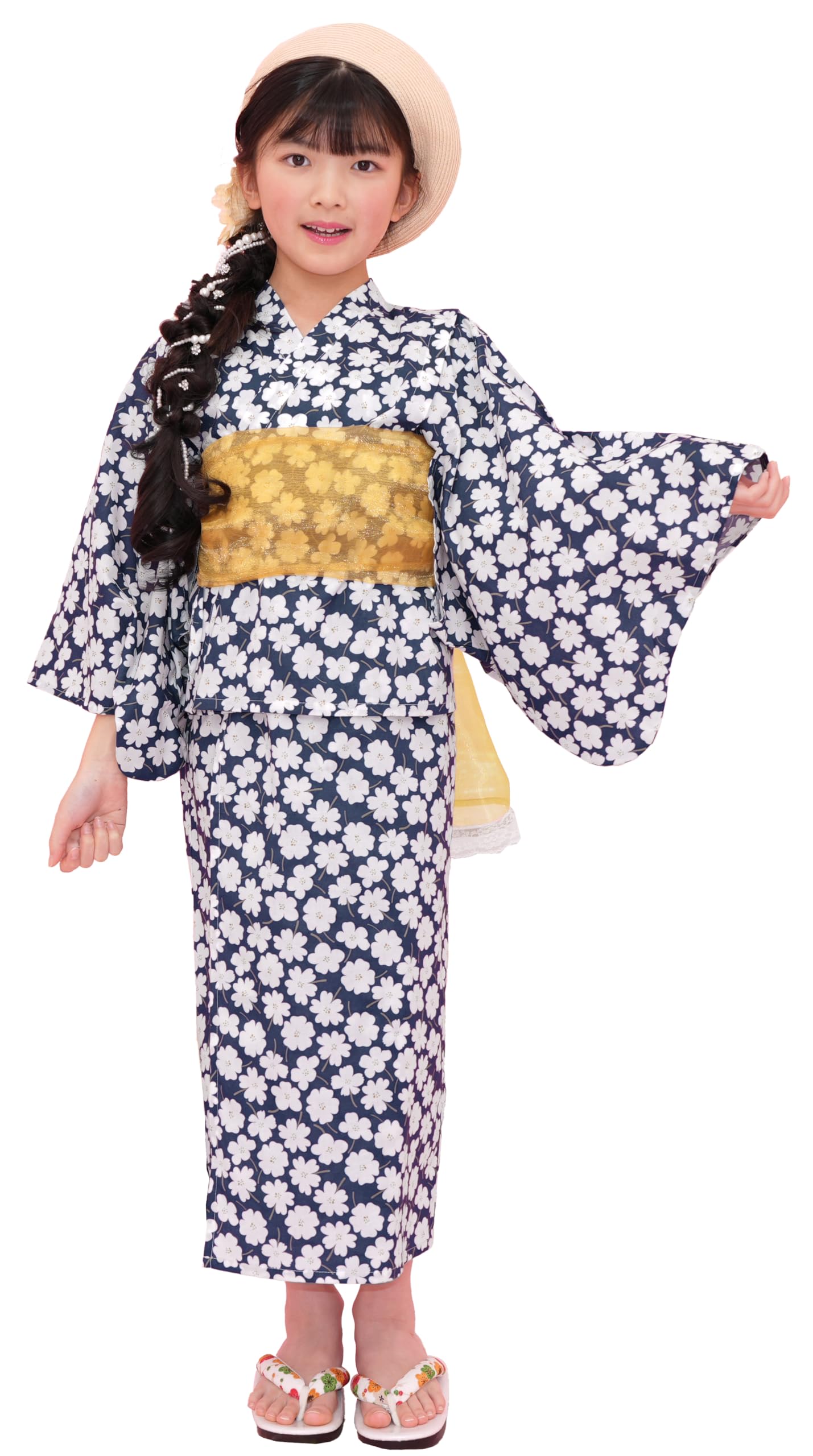 [Bee] ビー 簡単着付け ワンピースにもなる浴衣 3点セット 2WAY セパレート キッズ ガールズ 女の子 夏 saa01400 130cm ネイビー×白小花