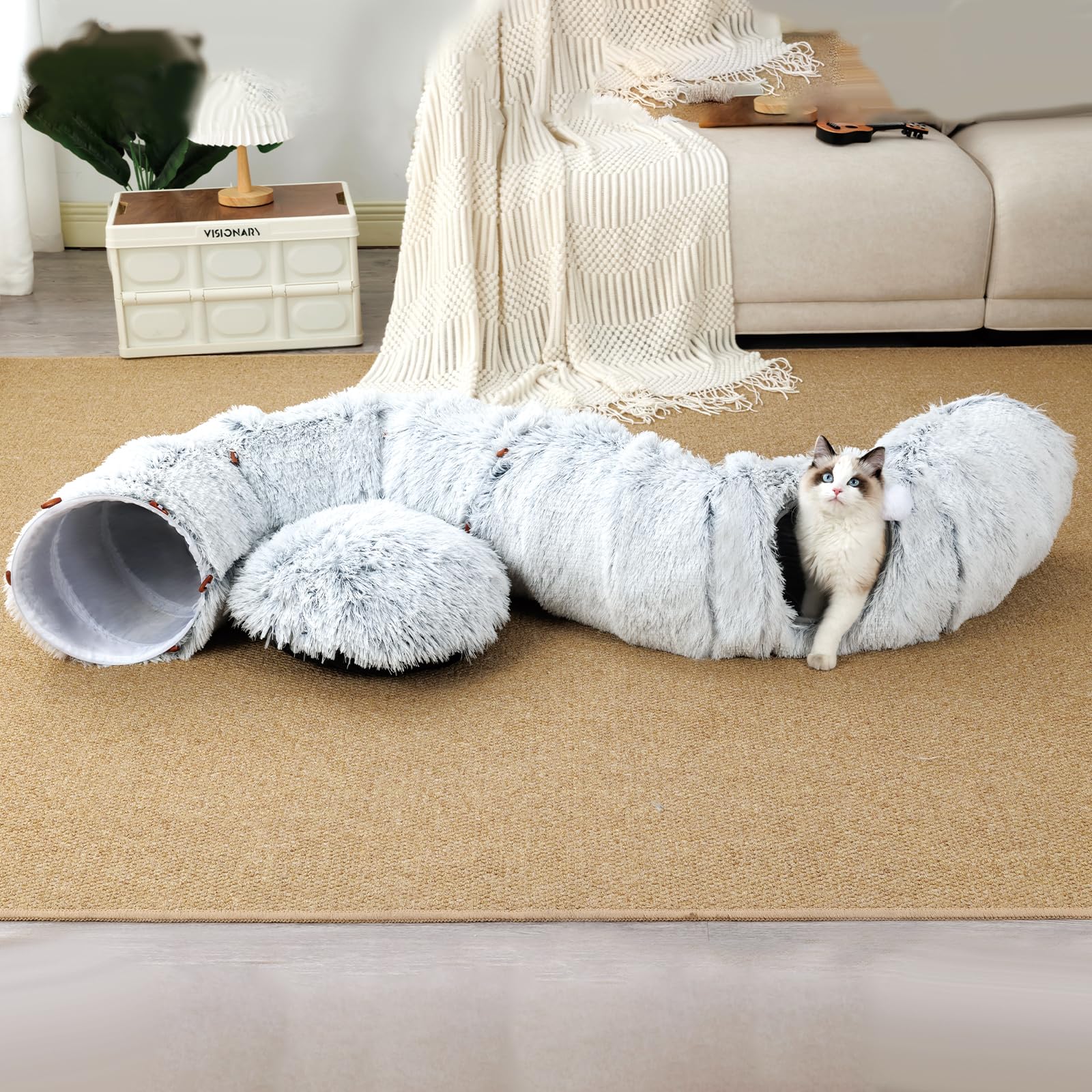 FURRYPAWS Túnel para Gatos 3 en 1-160cm con Cama Extraíble, Transformable (S/C/Redondo), Estructura Metálica Reforzada, 20 Juguetes, Plegable en 10s