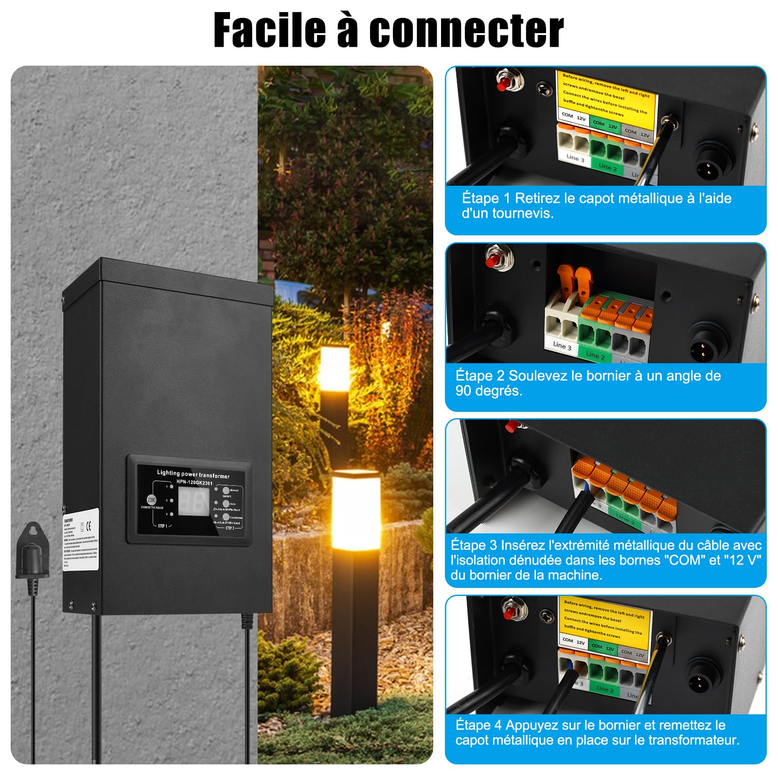COOLWEST 120W Transformateur 220V 12V AC avec Capteur de Lumière, Alimentation 10A Extérieur avec Fiche, Transfo LED avec Minuterie pour Eclairage de Jardin, Halogène MR16 GU5.3, Eclairage de Piscine