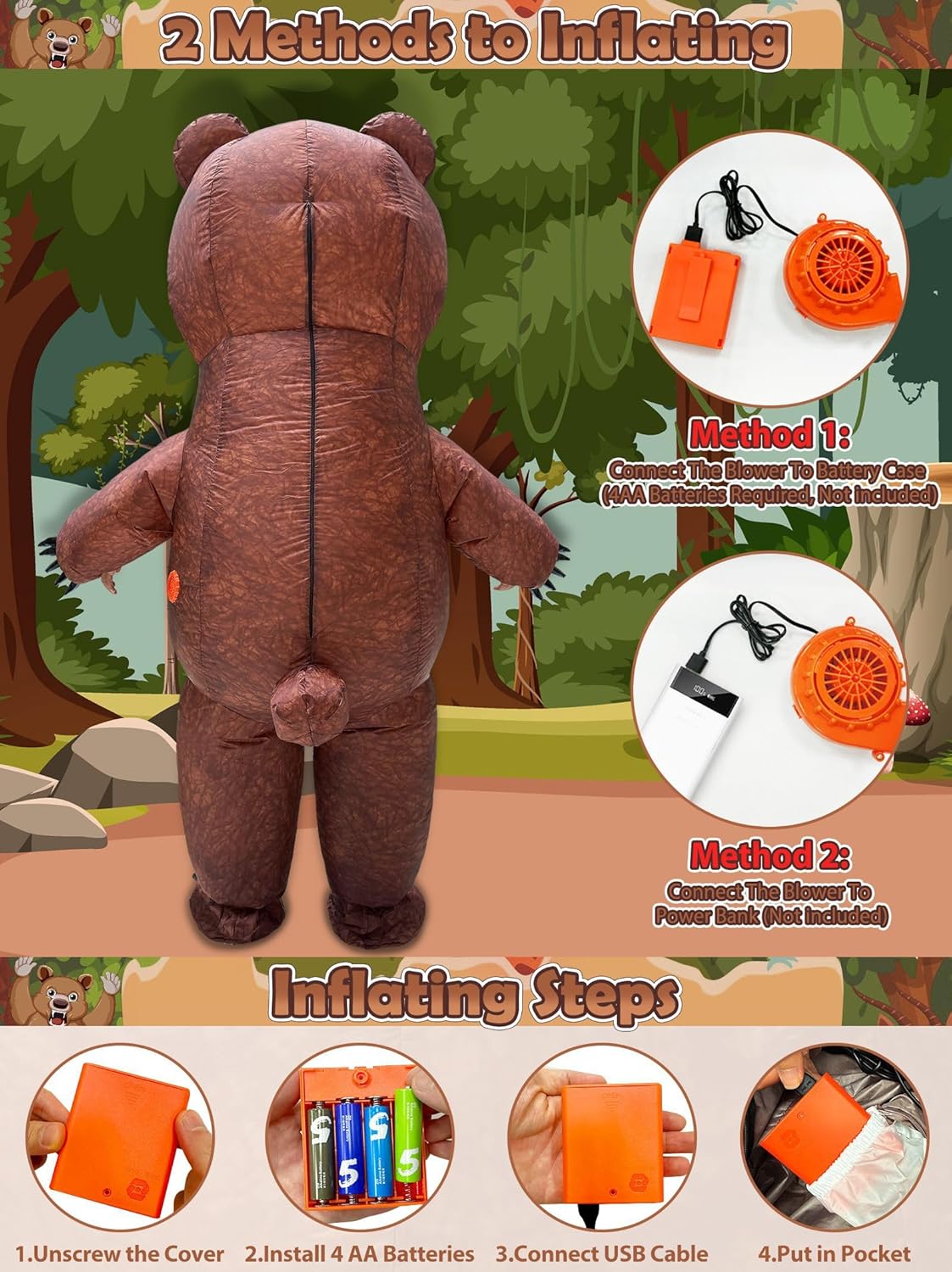 Camlinbo Halloween Inflatable Bear Costume for Kids, Full Body Blow Up Brown Bear Costume for Halloween Inflatables Cosplay Party - Image 3
