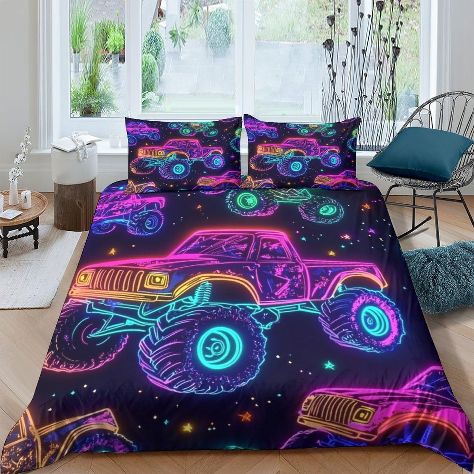 Ctjqhvkz Style-10 3D Printed Neon Monster Truck Fitted Sheet Microfiber Soft Bright Graffiti Bed Cover For Bedroom Dorm Mattress Protection Decor Single（135X200cm）