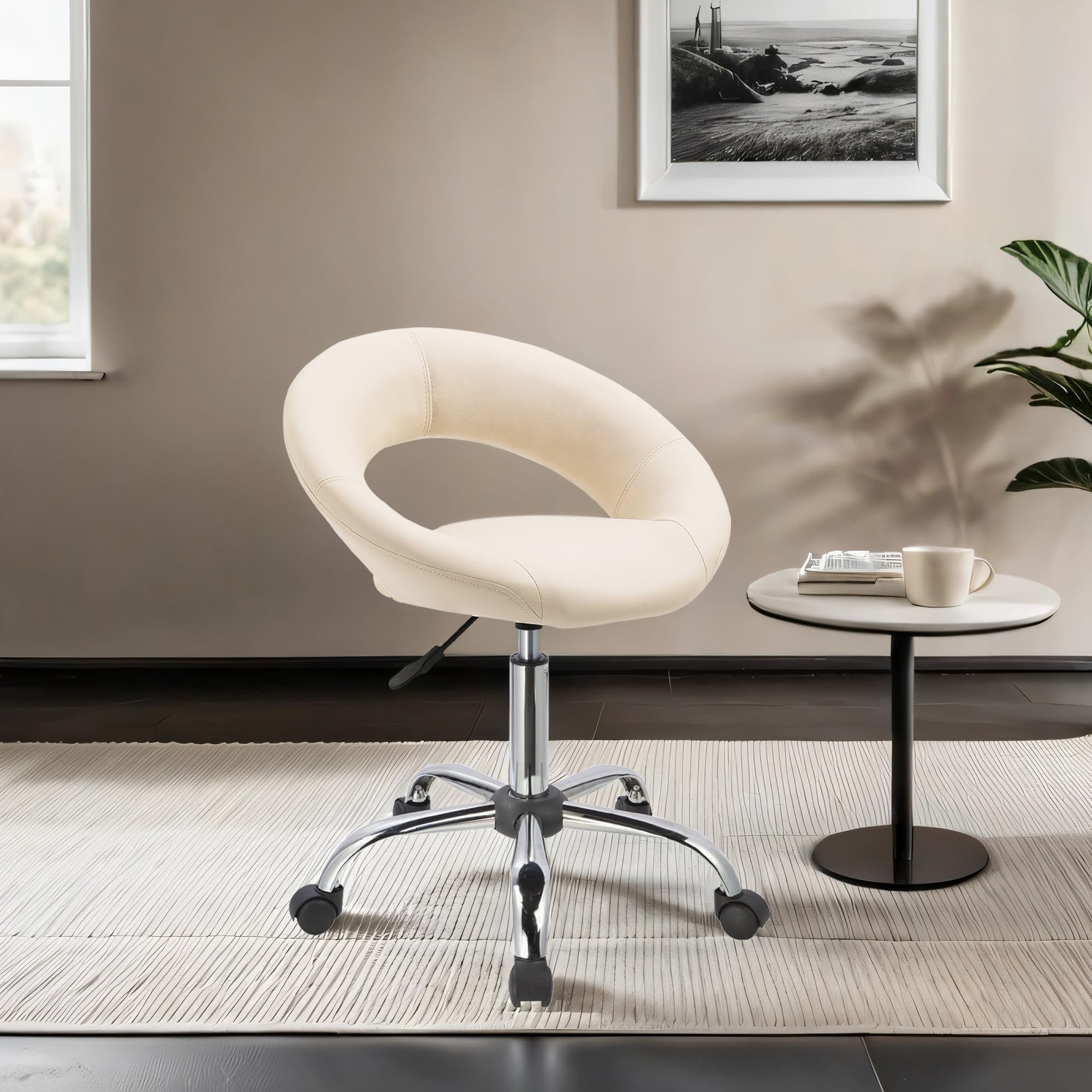 Duhome Drehstuhl mit Rollen, Rollhocker Kunstleder Drehhocker Schminktisch Hocker mit Lehne Arbeitshocker Bürohocker Höhenverstellbar, Creme