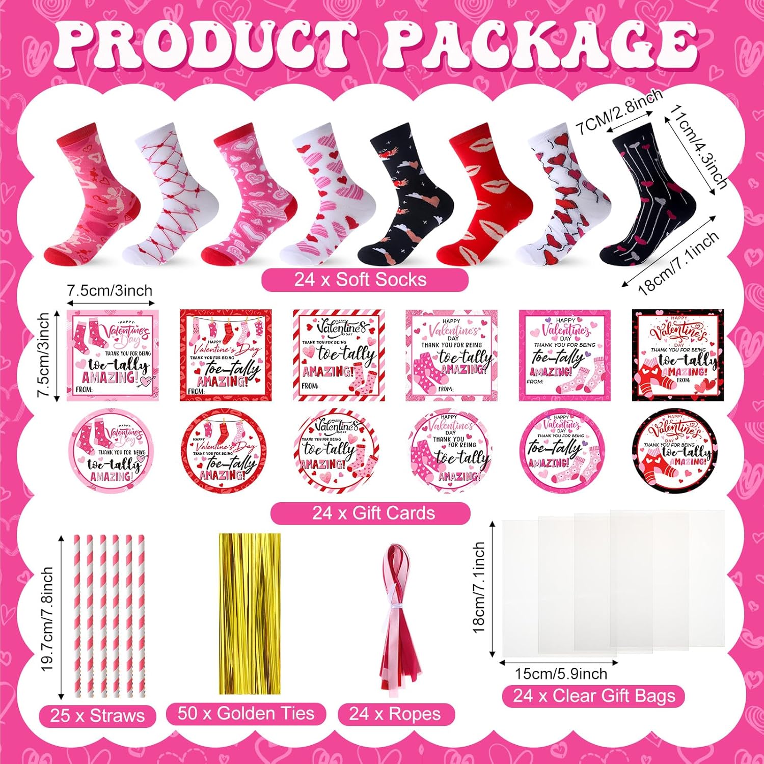 Blosssound 24 Sets Valentines Day Socks for Women Bulk DIY Lollipop Love Pink Red Hearts Crew Socks with Cards Tags Stickers Plastic Bags for Classroom Crafts Exchange Gifts Party Favors