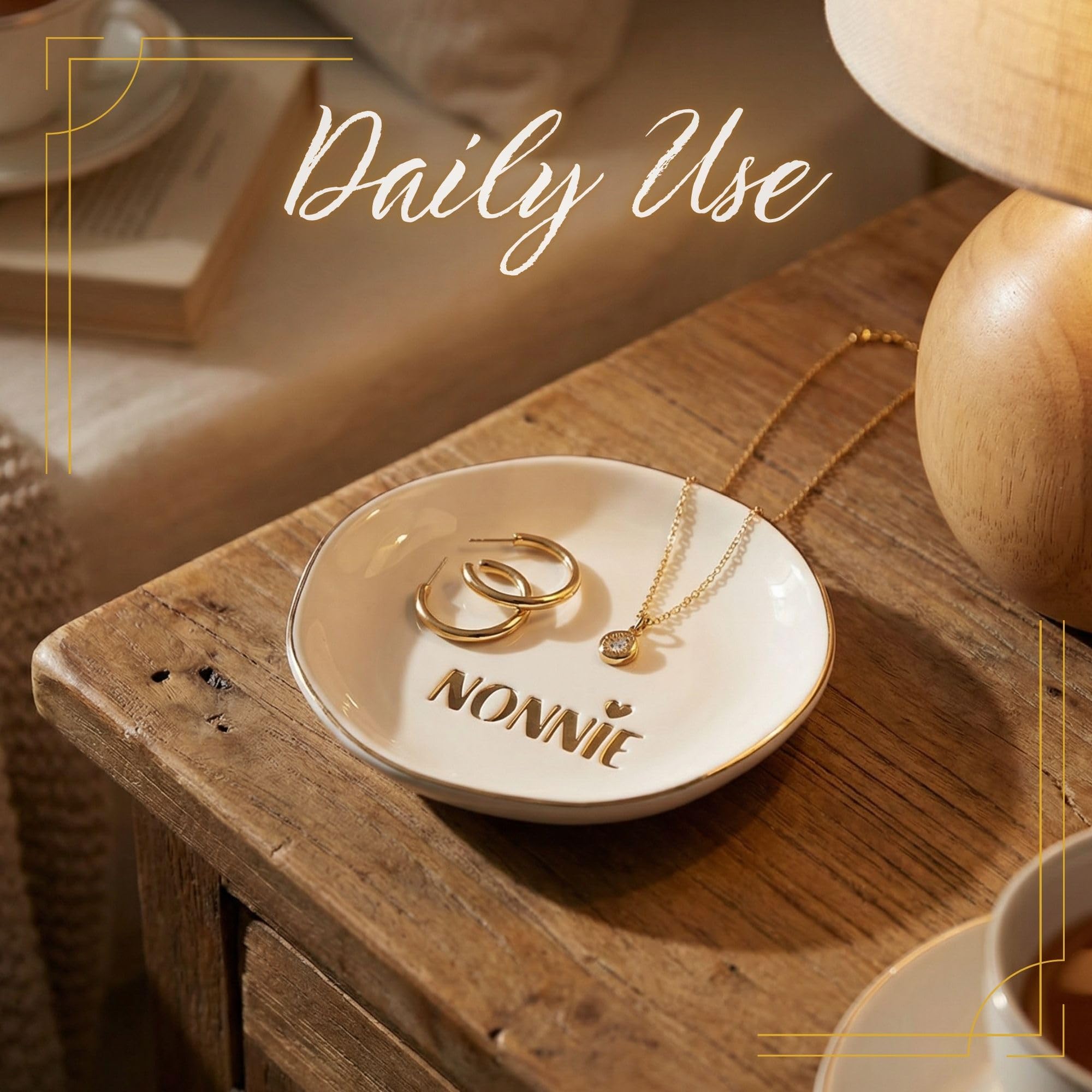 InnoBeta NONNIE Gifts Grandma Gifts from Grandkids Granddaughter for Birthday Christmas Mother's Day - 4.75" Handcrafted Ceramic Ring Dish with Gold Trim, Decorative Trinket Dish for Rings Earrings