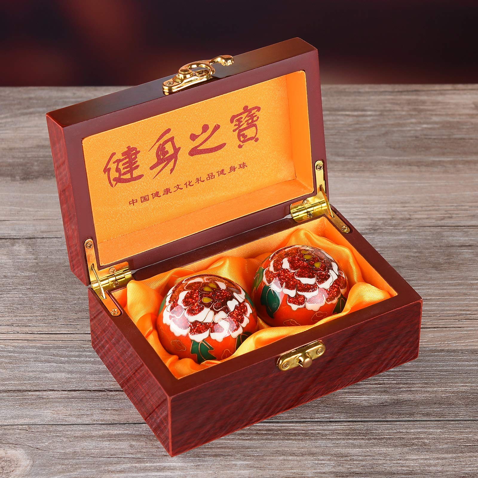 1.97 '' chino Baoding bolas de masaje ejercicio de mano bolas con caja rosa roja patrón bolas con campanillas regalo de padres TQZDBS71
