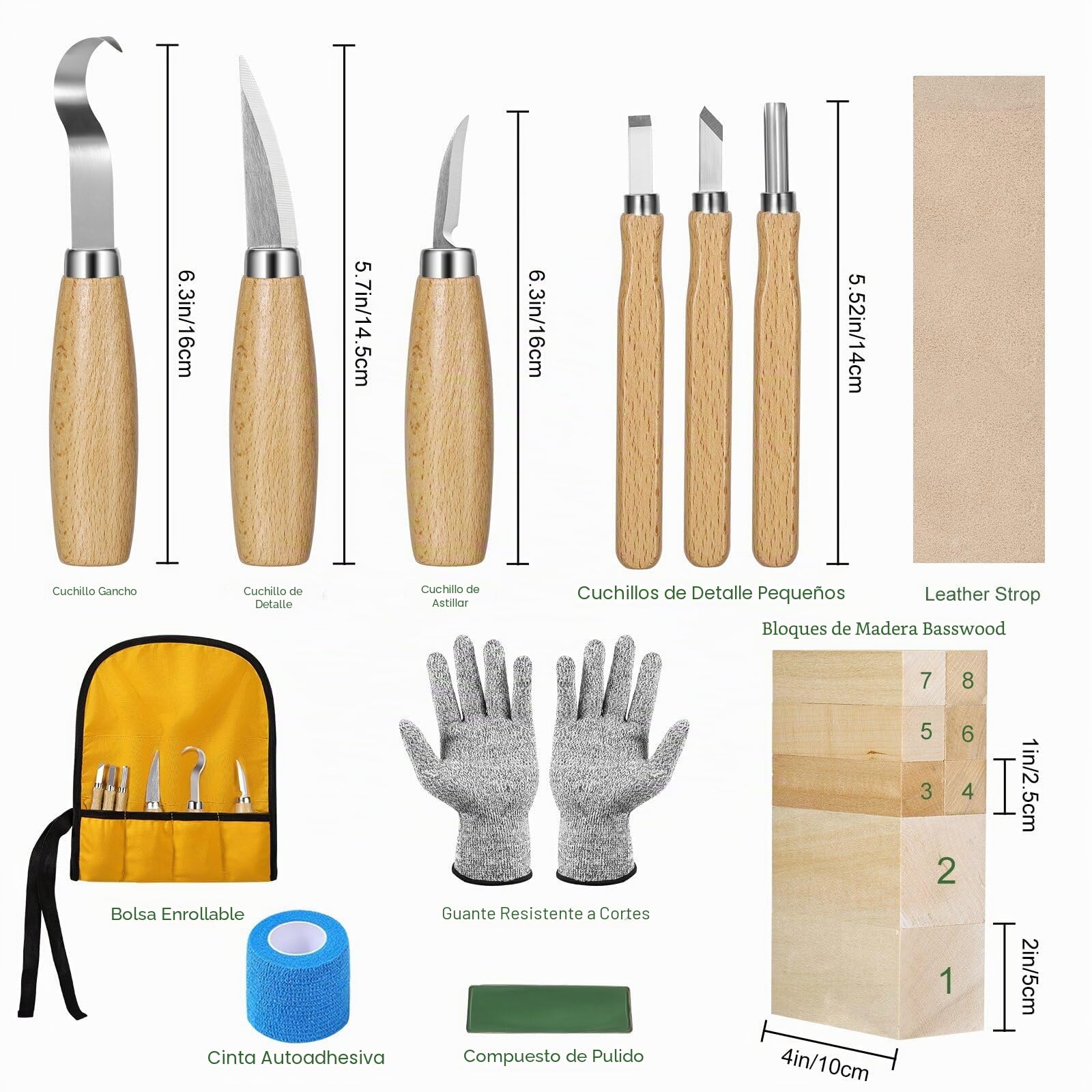 Kit de Tallado de Madera 19 en 1, Kit de Cuchillos de Madera incluye 8 Bloques de Tallado de Tilo, 6 Cuchillos para Tallar para Tallar para Principiantes, Guantes Resistentes a Cortes, Bolsa de Lona