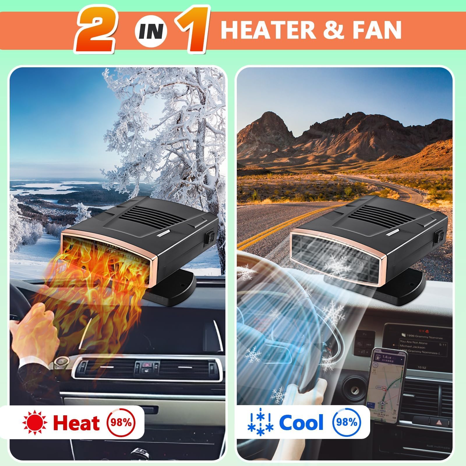 Autoheizung, 12V 200W Tragbarer Auto Heizlüfter, 2-in-1-Heiz/Kühlfunktion Schnelles Aufheizen, Auto-Entfroster Defroster mit 360°Drehung, Zigarettenanzünder-Stecker für Alle Autos