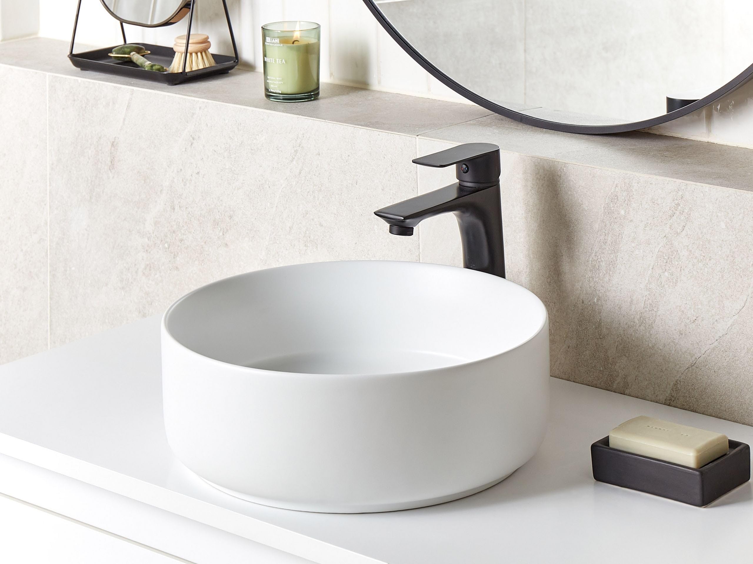 Umywalka łazienkowa nablatowa ceramiczna matowa okrągła 36 cm złamana biel Cirat