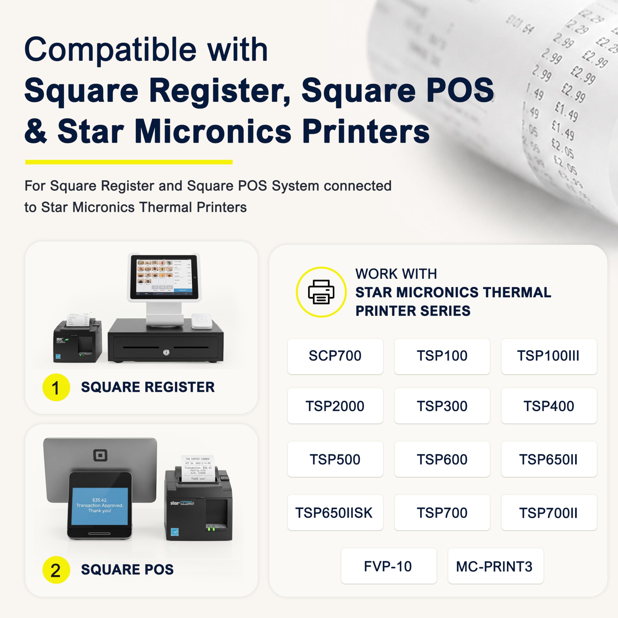 Rollo de papel de recibo de 3 1/8 x 230 para sistema POS cuadrado conectado a la impresora térmica Star Micronics (paquete de 06 rollos)