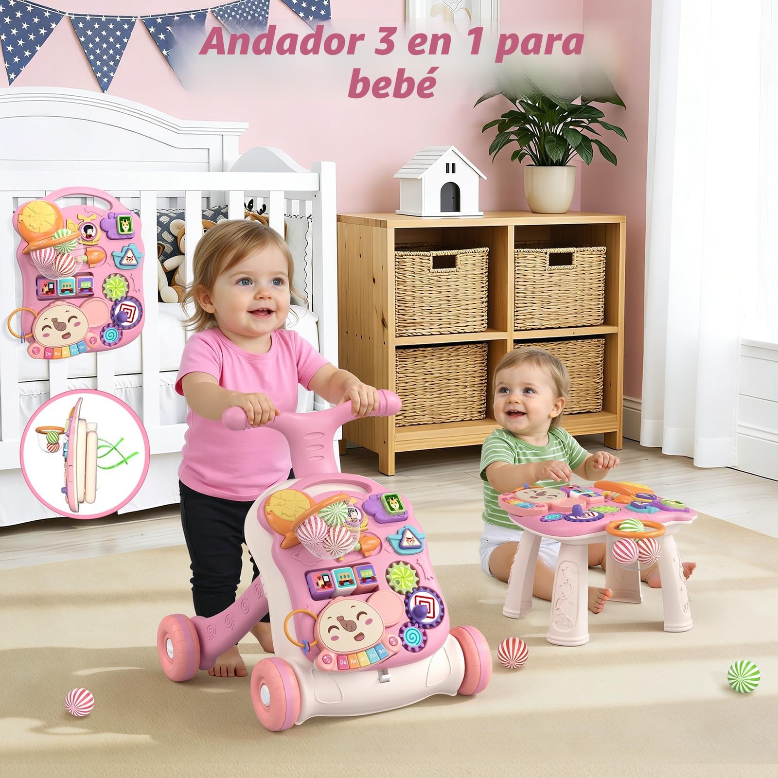 QDRAGON Andador Bebes, Correpasillos Bebe, Tacata Bebe con Actividades, Musical, Velocidad Regulable, 2 en 1 Caminador Bebe, Juguetes Regalo Para Bebés +6 Meses, Rosa