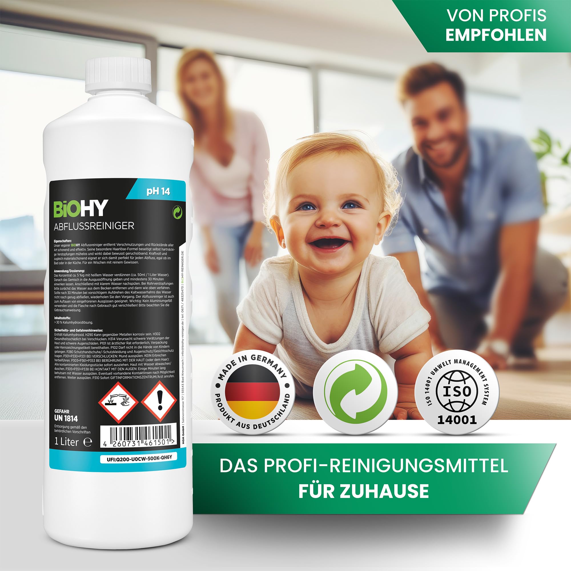 BiOHY Detergente per scarichi (Bottiglia da 1l) | rimuove i peli senza sforzo | Detergente per cucina e bagno | concentrato organico| rimuove gli odori contro i blocchi ostinati (abflussreiniger)