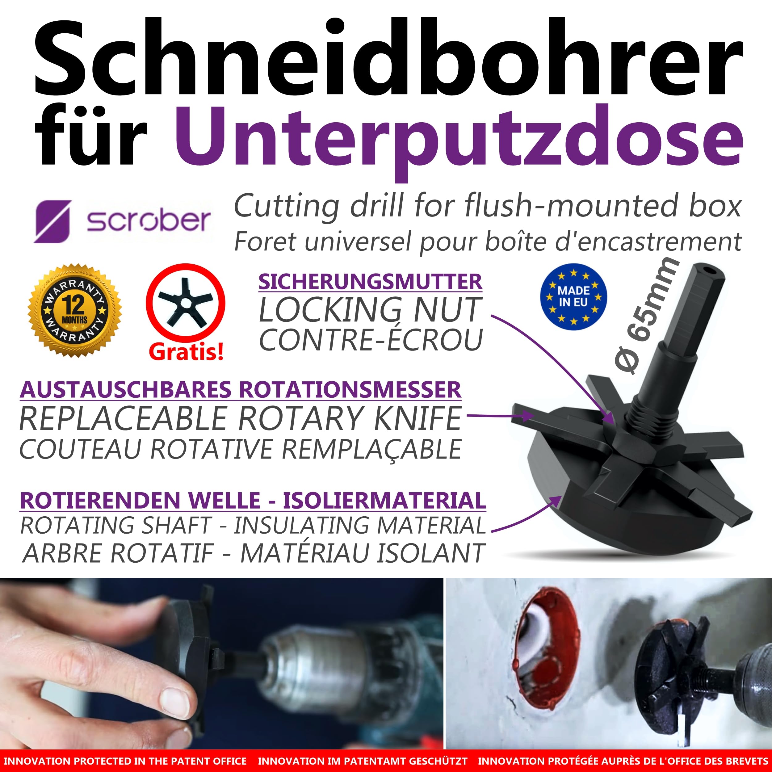 Uniwersalne ∅ 65 mm Wiertło Tnące do Puszki Podtynkowej | Nóż Gratis | do wszystkich wiertarek i wkrętarek | do wystających puszek, dla tynkarzy, elektryków, do renowacji domu (SCROBER + nóż)