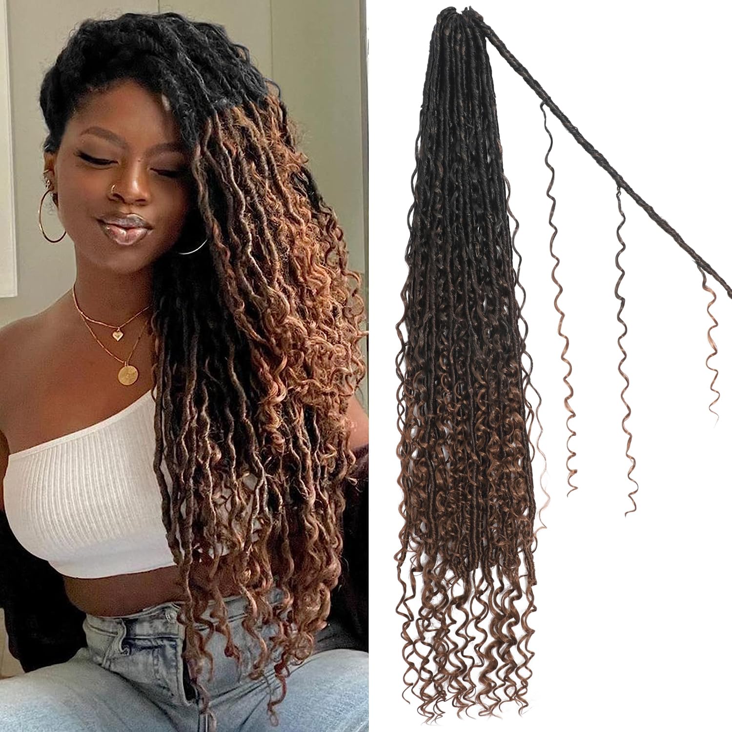 Boho Faux Locs Crochet Hair 30 Inch Goddess Locs 8 Packs Boho Soft Locs Crochet Hair with Curly Ends Pre-looped Long Bohemian River for Black Women (OT1B/4/30#