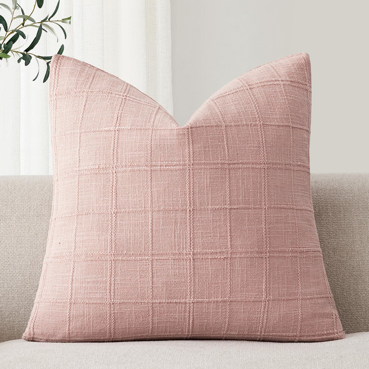 Foindtower Set of 1 Decorative Linen Check Throw Pillow Cover Neutral Farmhouse Vintage Cushion Cover Modern Coastal Boho Accent Home Decor for Sofa Chair Couch Bed Living Room,16×16 Inch,Light Pink