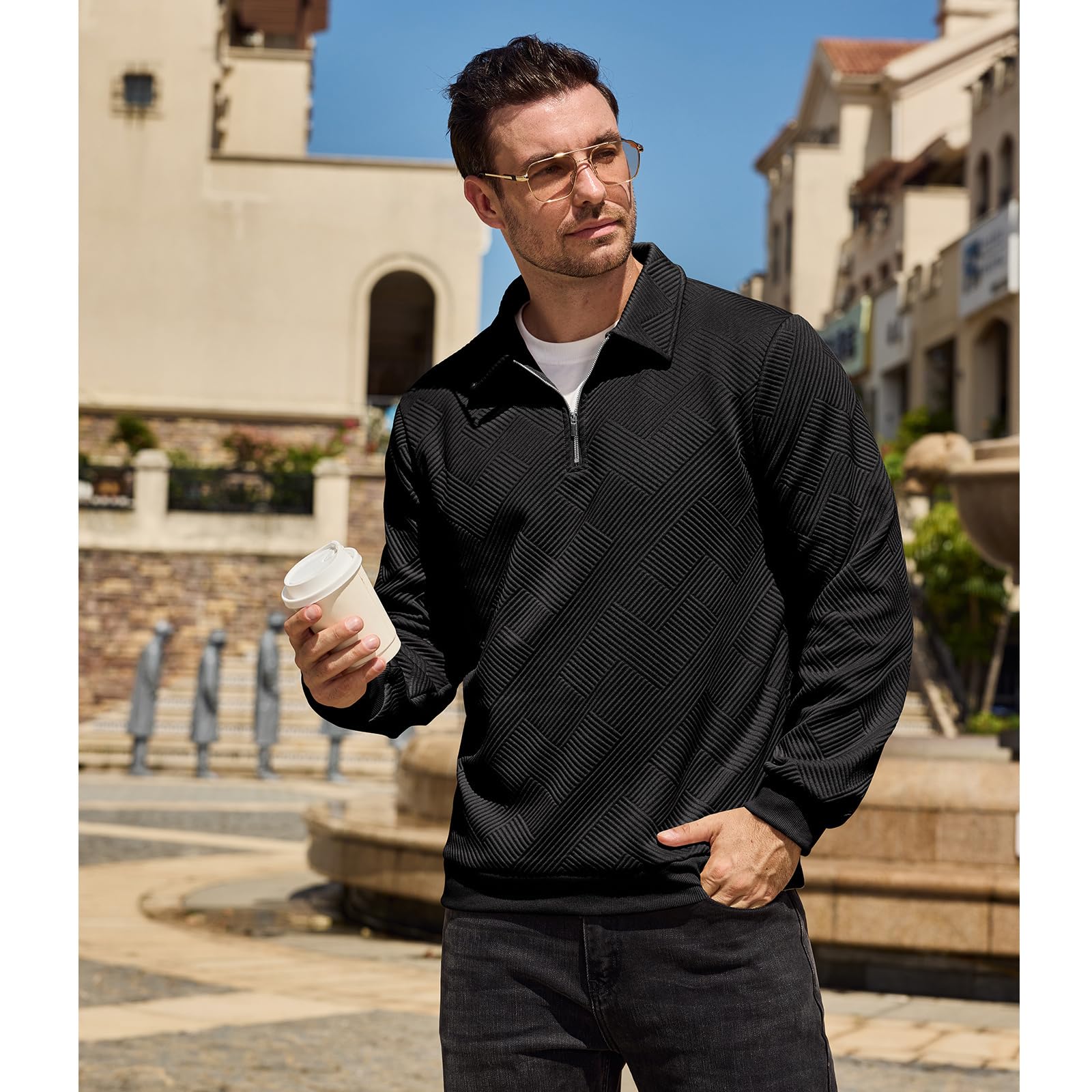 Pull Homme Hiver Zippé Sweat Shirt 1/4 Zip sans Capuche Polo Manches Longues Casual Sweatshirts M-3XL