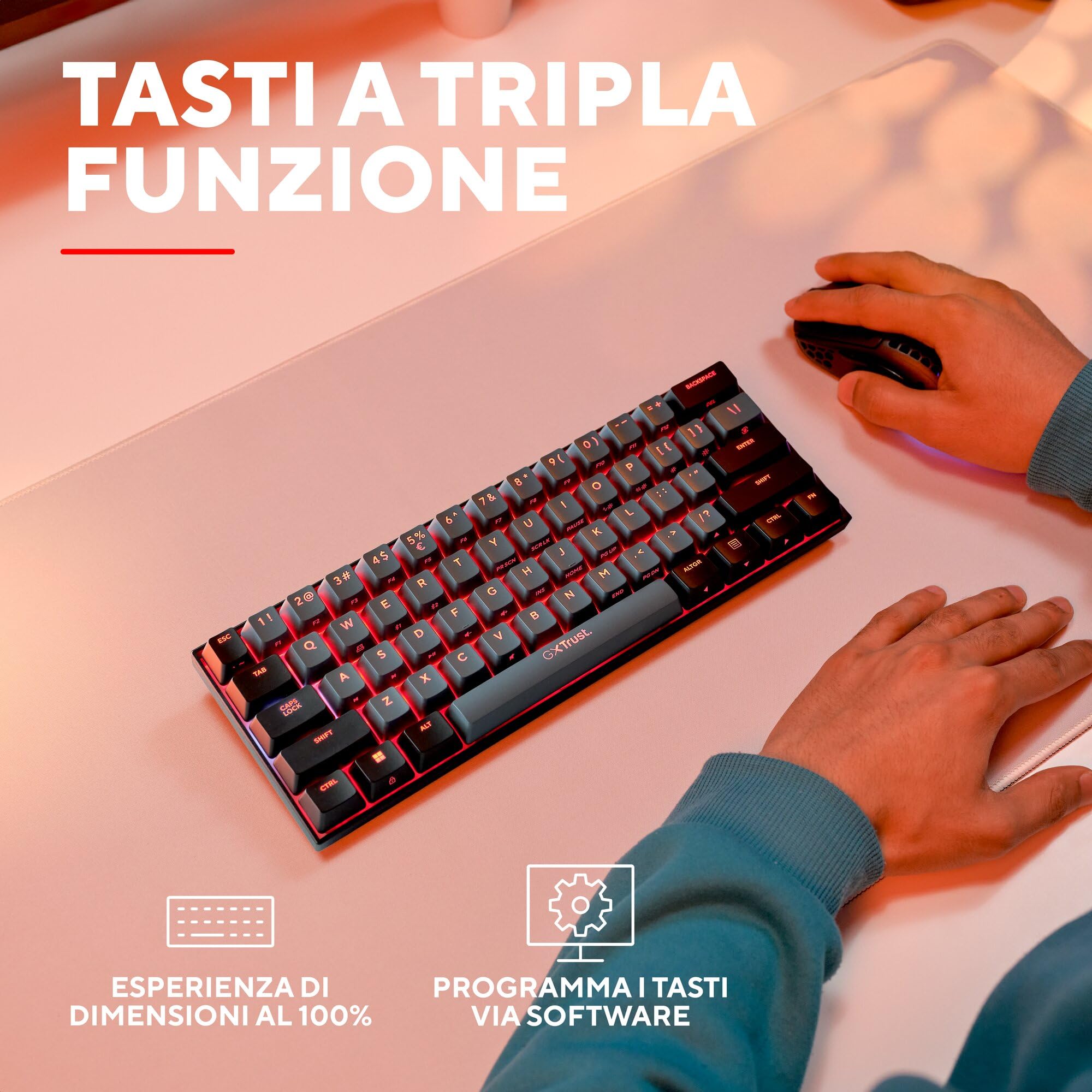 GXTrust Revyn Tastiera Gaming Meccanica 60% Mini Layout Italiano QWERTY | Tri-Mode 2.4GHz/Bluetooth/USB, Batteria de 50 Ore, Ricaricabile, RGB, Keyboard per PC Laptop, Grigio/Nero