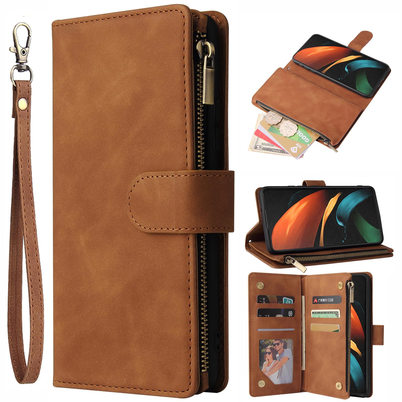 Asuwish Compatible with Samsung Galaxy Z Fold 2 5G 2020 Wallet Case and Purse Credit ID Slot Magnetic Leather Flip Cover Card Holder Cell Phone Cases for Gaxaly ZFold2 Z2 Fold2 ZFold25G Women Brown Brown for Samsung Galaxy Z Fold 2