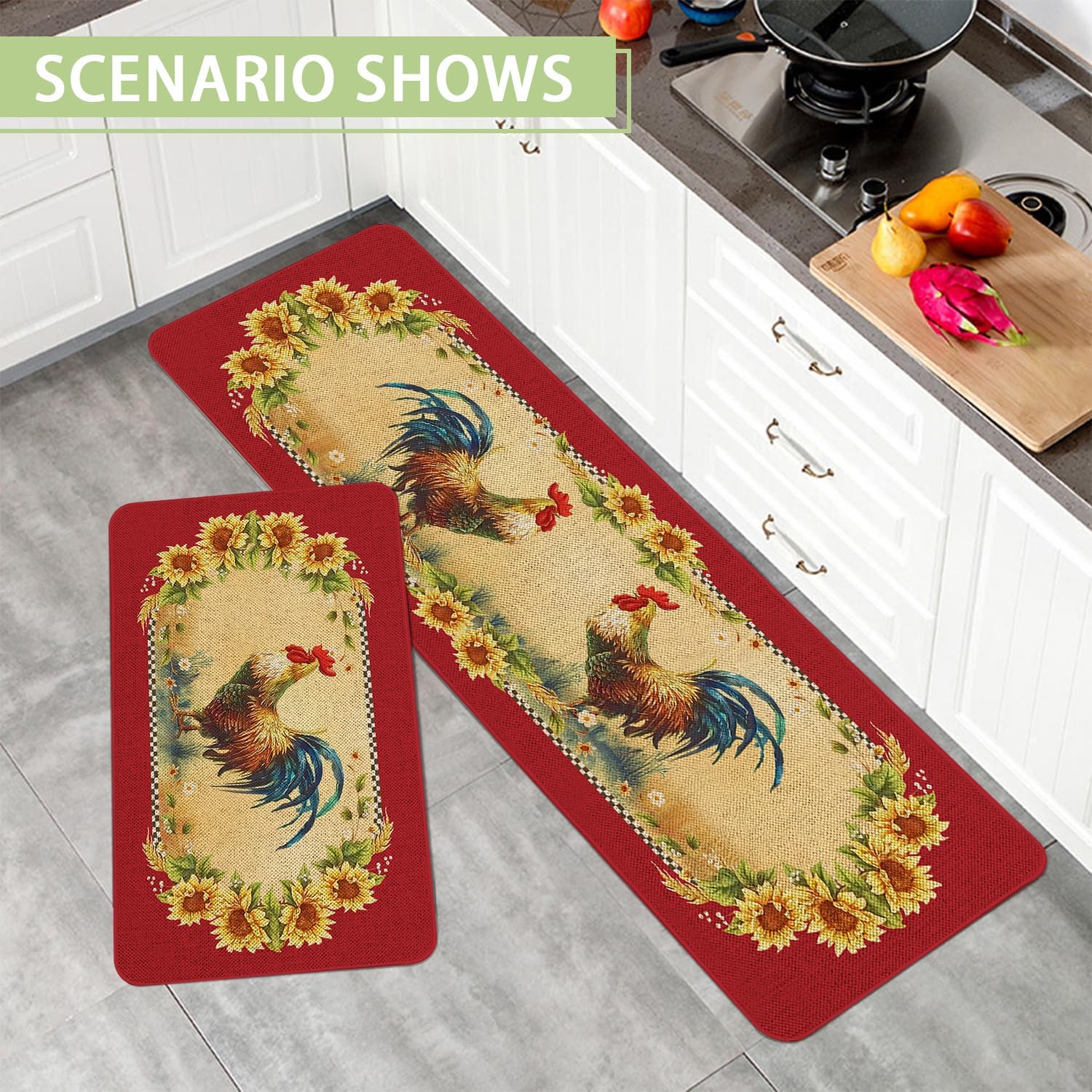 Farmhouse Kitchen Mats Set of 2 Non-Slip Red Farm Rooster Kitchen Rugs Seasonal Home Decor Low Profile Washable Floor Mat 17x47 Inch and 17x29 Inch - Image 6
