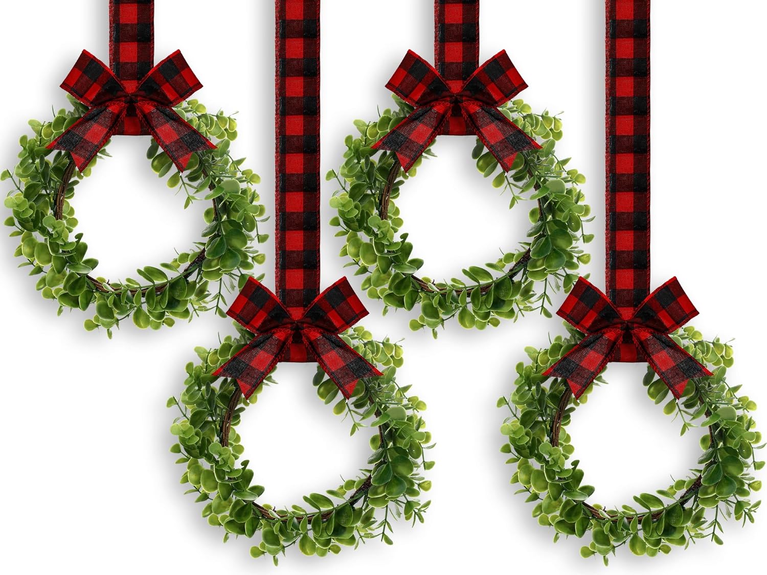 WILLBOND 4 Pcs Christmas Kitchen Cabinet Wreath Boxwood Garland with Ribbon Greenery Garland Hanging Wreaths for Cabinet Wall Window Door Fireplace Party Farmhouse Decor(Black and Red,Fabric) Black and Red Fabric