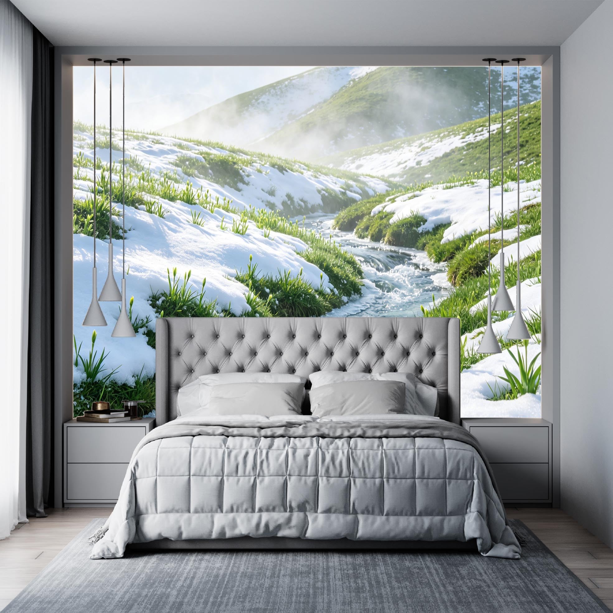 Papier Peint 3D Ruisseau De Prairie Enneigée Paysage Naturel Panoramique Mural 350Cmx266Cm(Wxh) Papier Peint Intissé Pour Salon, Chambre, Décoration Intérieure - Ne Pas Décoller Ni Coller Prair