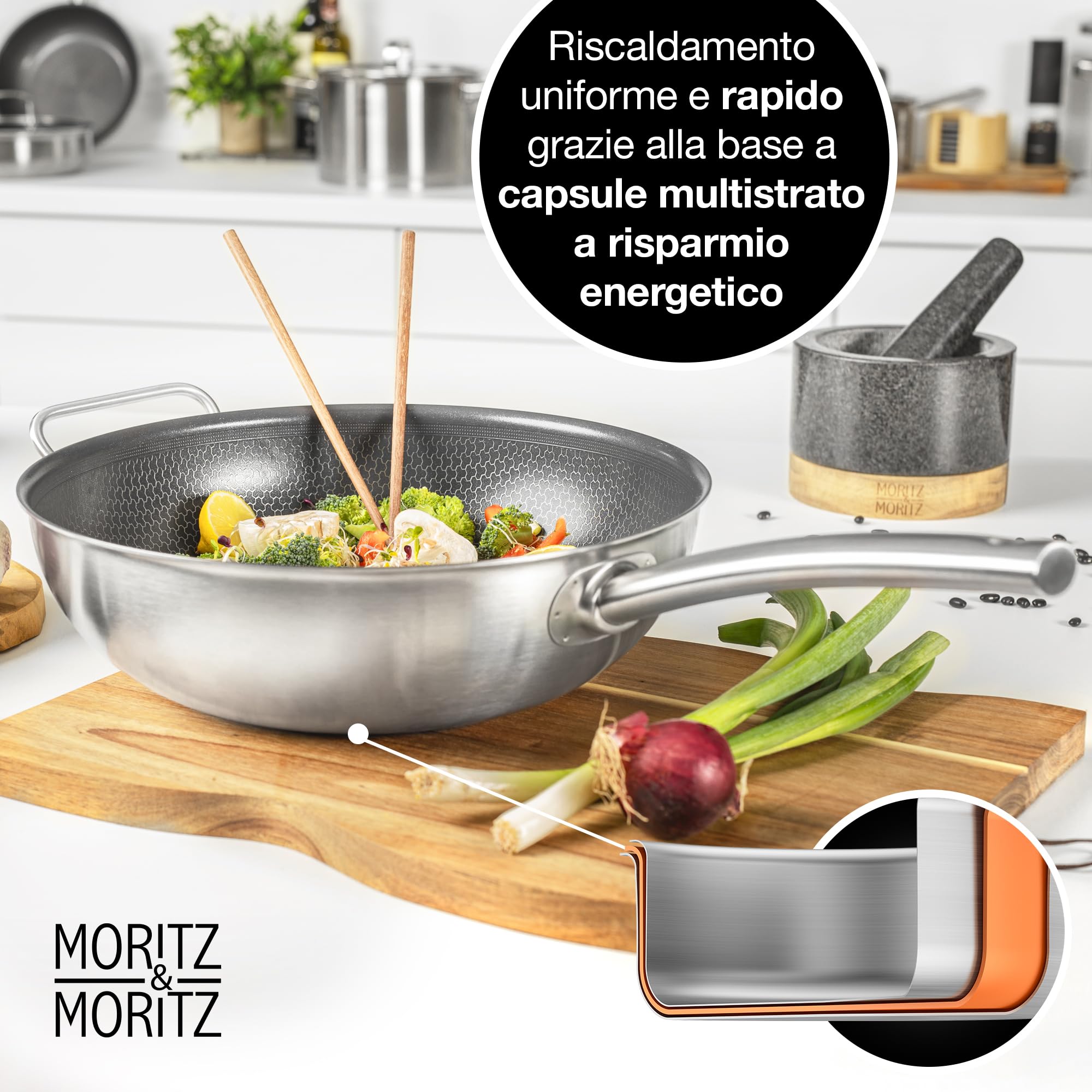 Moritz & Moritz Padella Wok da 30 cm in Acciaio inox con rivestimento in Ceramica - Tutti i tipi di fornelli - Struttura antiaderente a nido d'ape per cucinare, arrostire e cuocere a fuoco lento