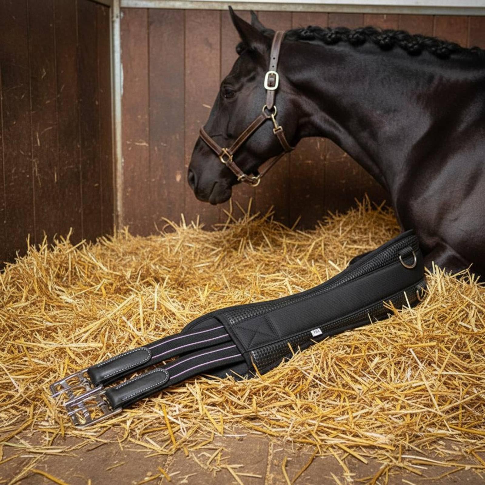 Jiuvaso Cintura Equestre per Cavallo con Imbottitura Cinturino con Fibbia Regolabile Design Curvo Rinforzi Alle Estremità Materiale in Pelle E Lega Adatta per , Nero , 105cm