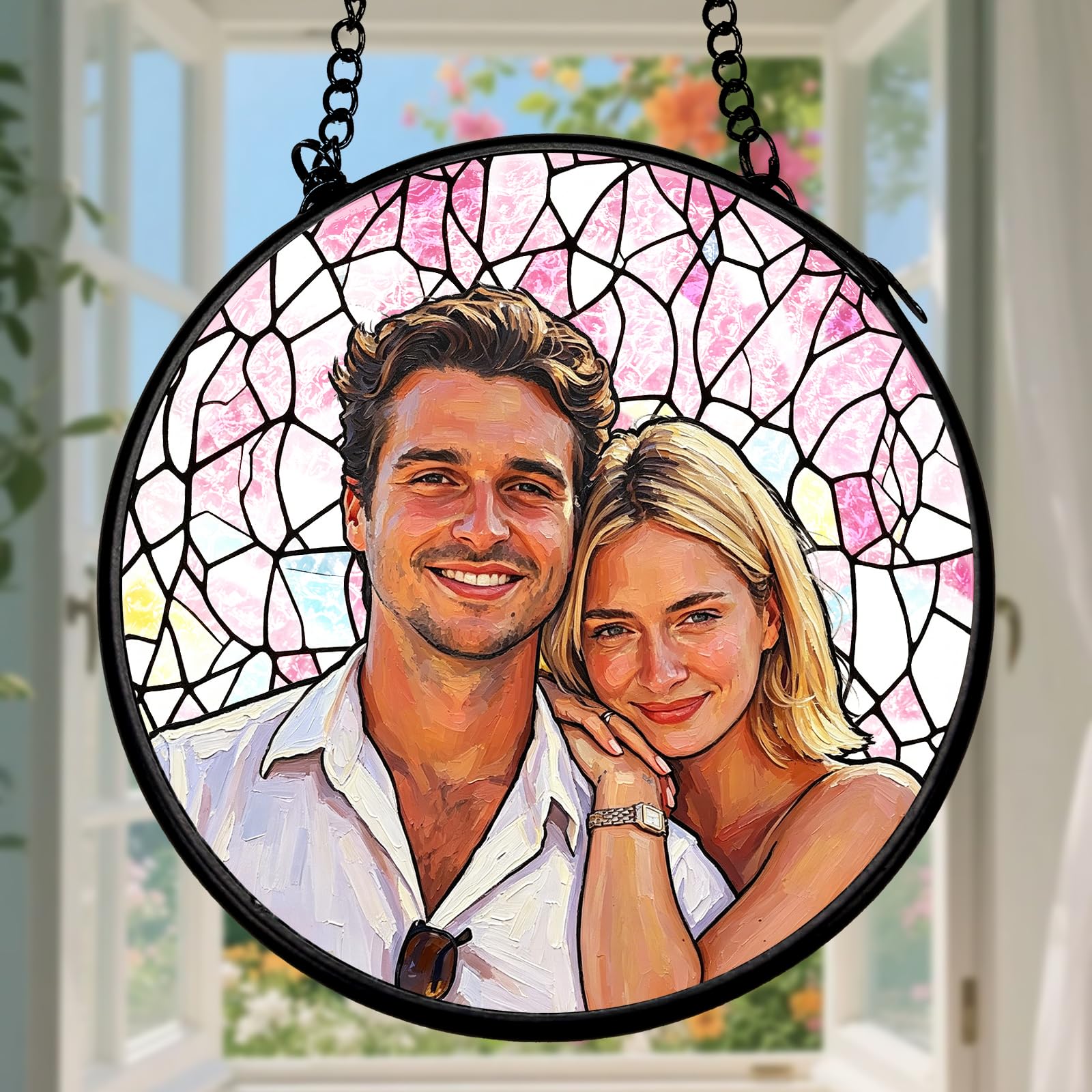 Custom Photo Stained Glass SunCatcher for Windows Hanging Ornament,Personalized Couple Portrait,Birthday Gifts for Mom,Grandma,Dad,Daughter Glass Window Decor,Garden Sun Catcher Multiple sizes