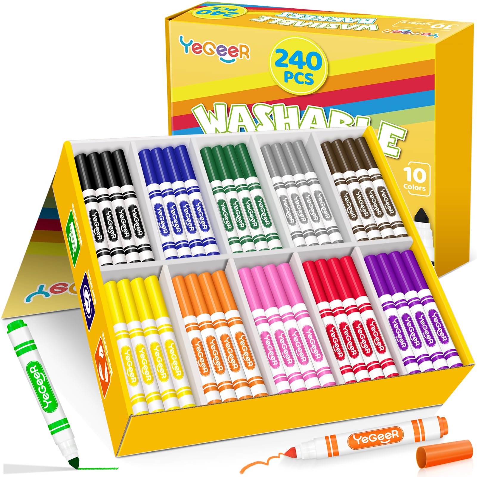 YEGEER 240 Count Washable Markers Bulk – 10 Assorted Colors, Broad Tip Markers for Kids, School and Teacher Classroom Supplies, Perfect for Art and Coloring.(240)