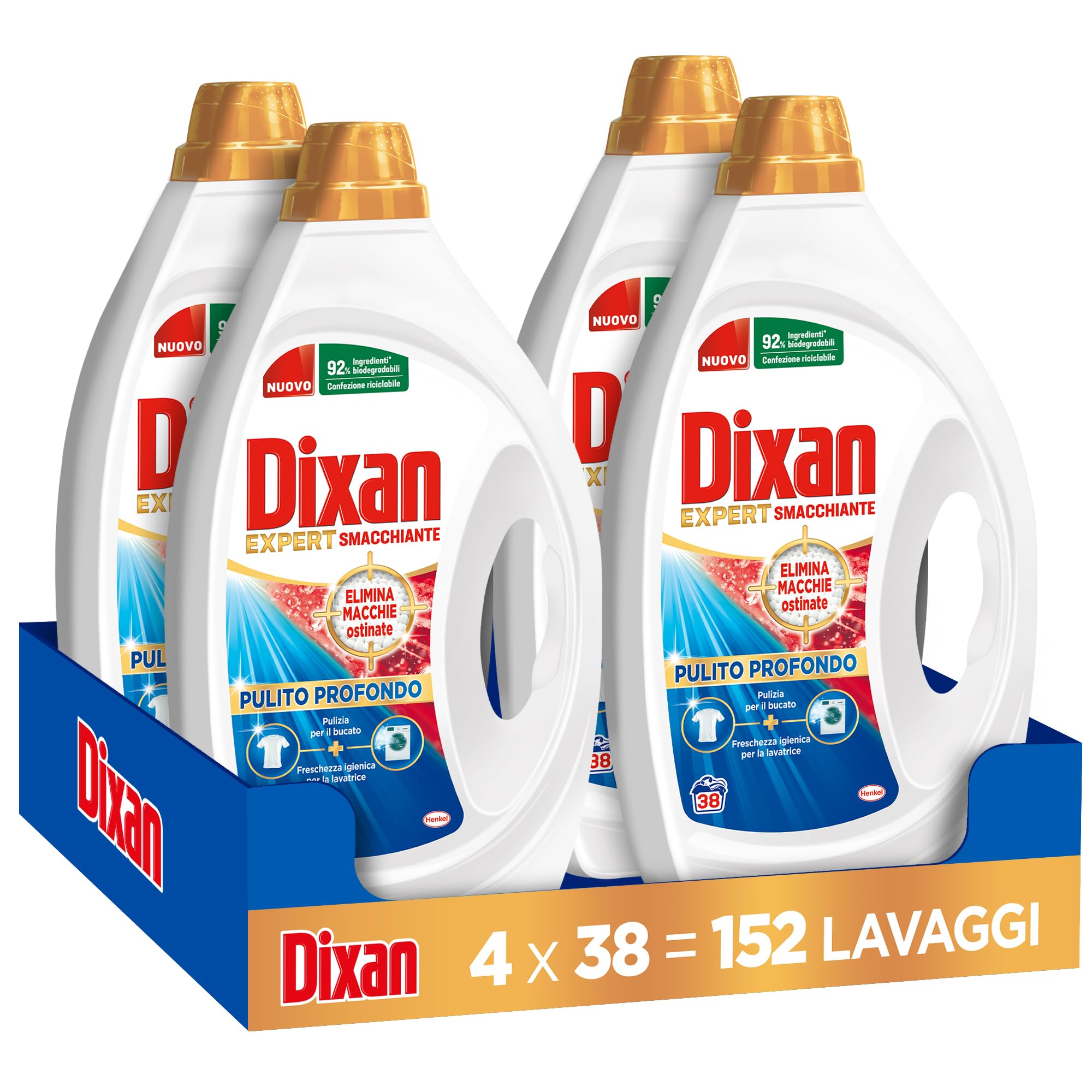 Dixan Liquido Expert Smacchiante Detersivo Lavatrice, 4 confezioni da 38 Lavaggi, per una pulizia profonda del bucato e freschezza igienica per lavatrice, Rimuove le macchie da 20°C