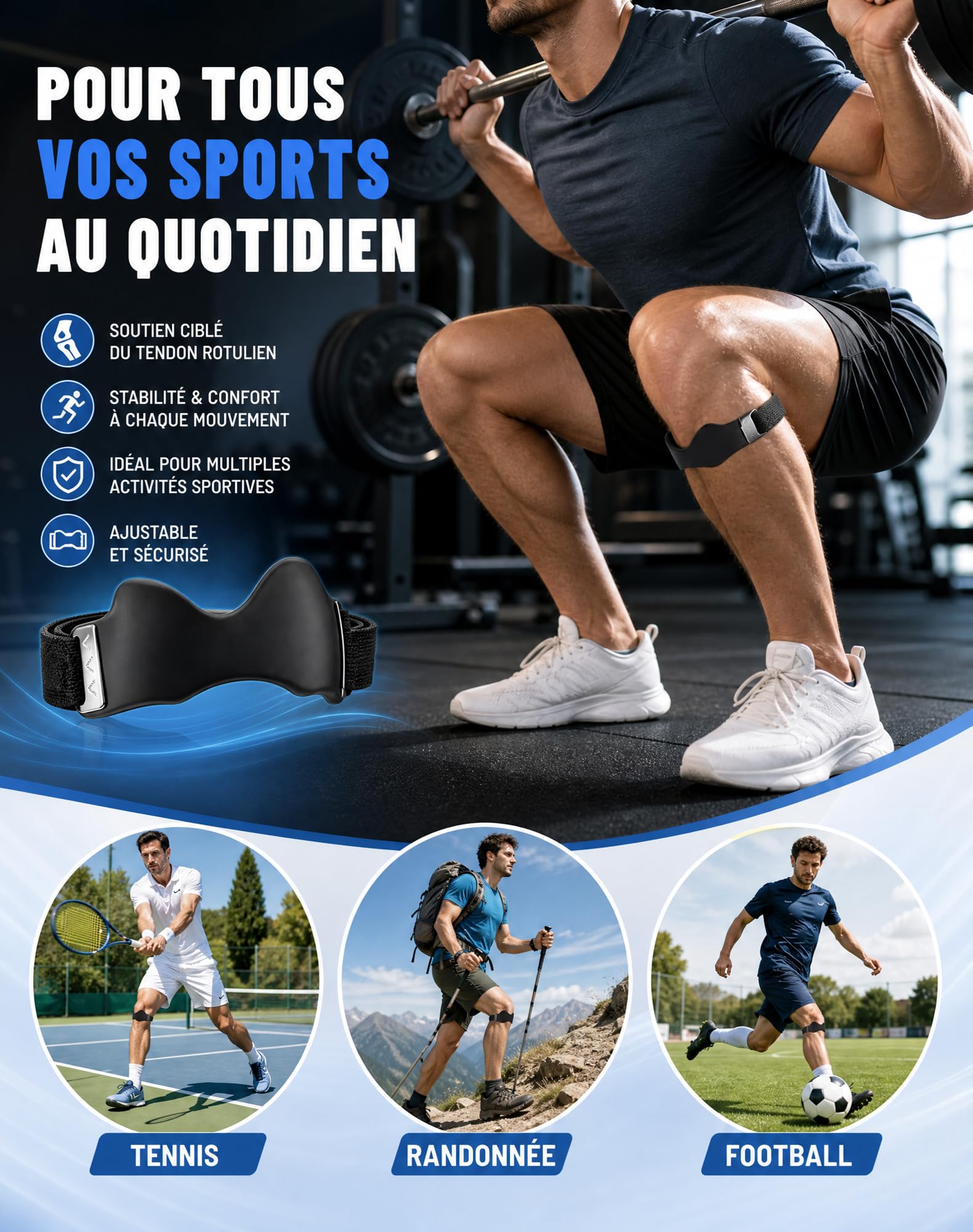 Sangle Rotulienne Inolio, Antidérapant, Respirant Et Confortable，2
