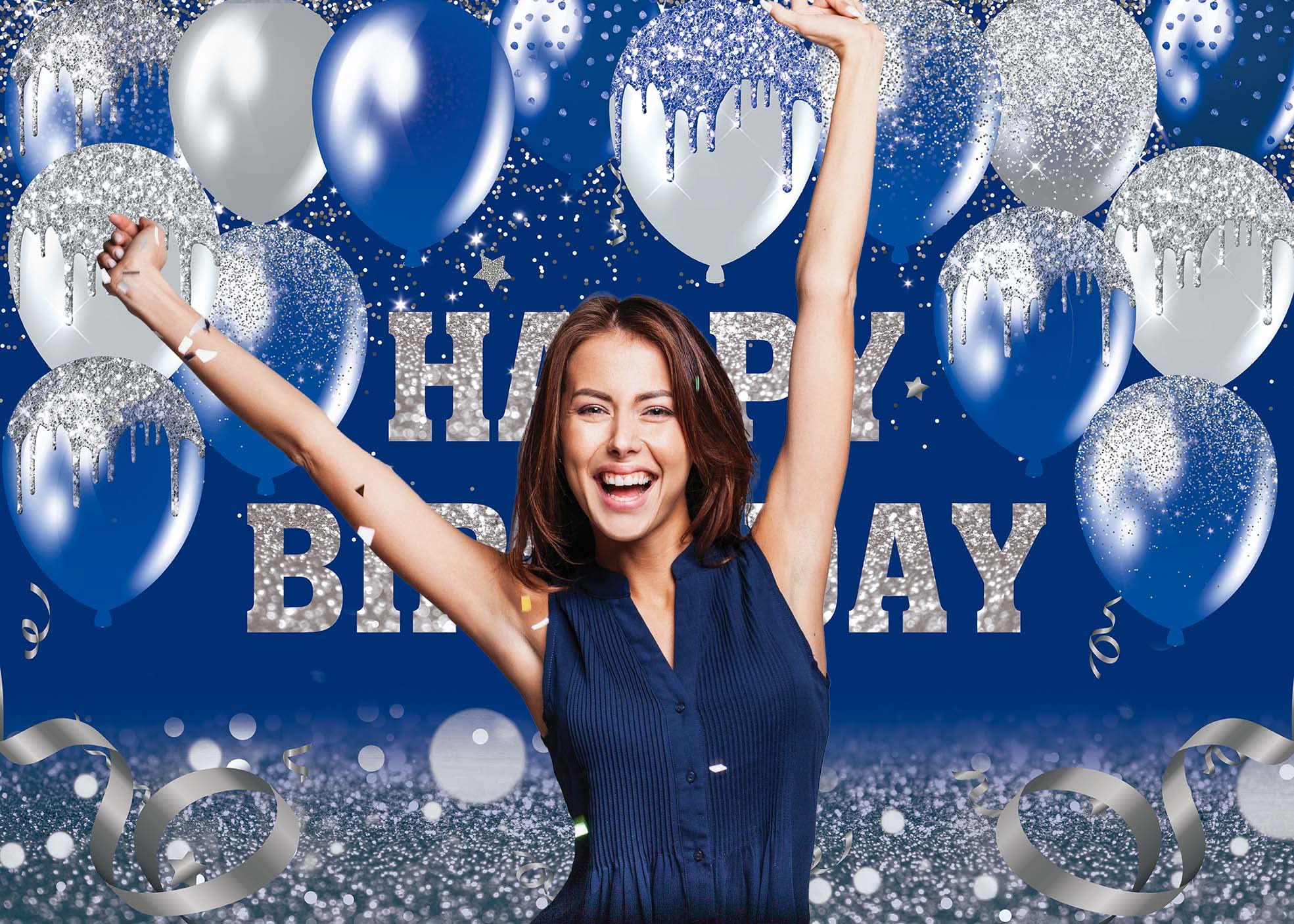 Sfondo Happy Birthday blu navy con palloncini glitter blu argento, sfondo fotografico bokeh per decorazione festa di compleanno per bambini, donna, uomo 7X5FT (210 x 150 cm