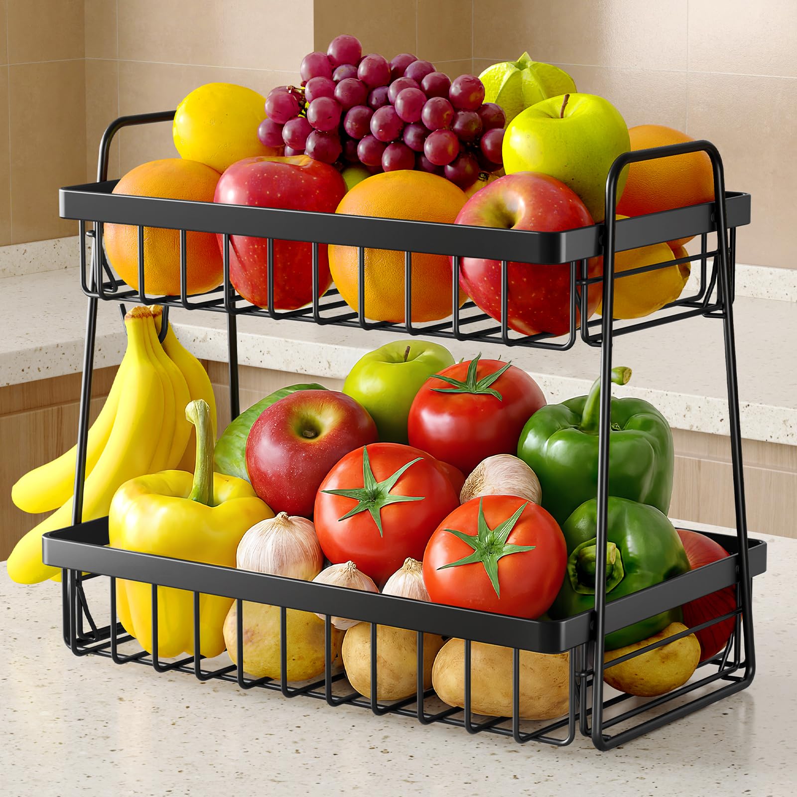 Sakugi Fruit Bowl - 2-Tier Fruit Bowl with Banana Hanger, Detachable Fruit Basket with Handles, Rustproof Vegetable Rack for Kitchen, Living Room, Bathroom, 34cm x 22cm x 29.7cm, Black