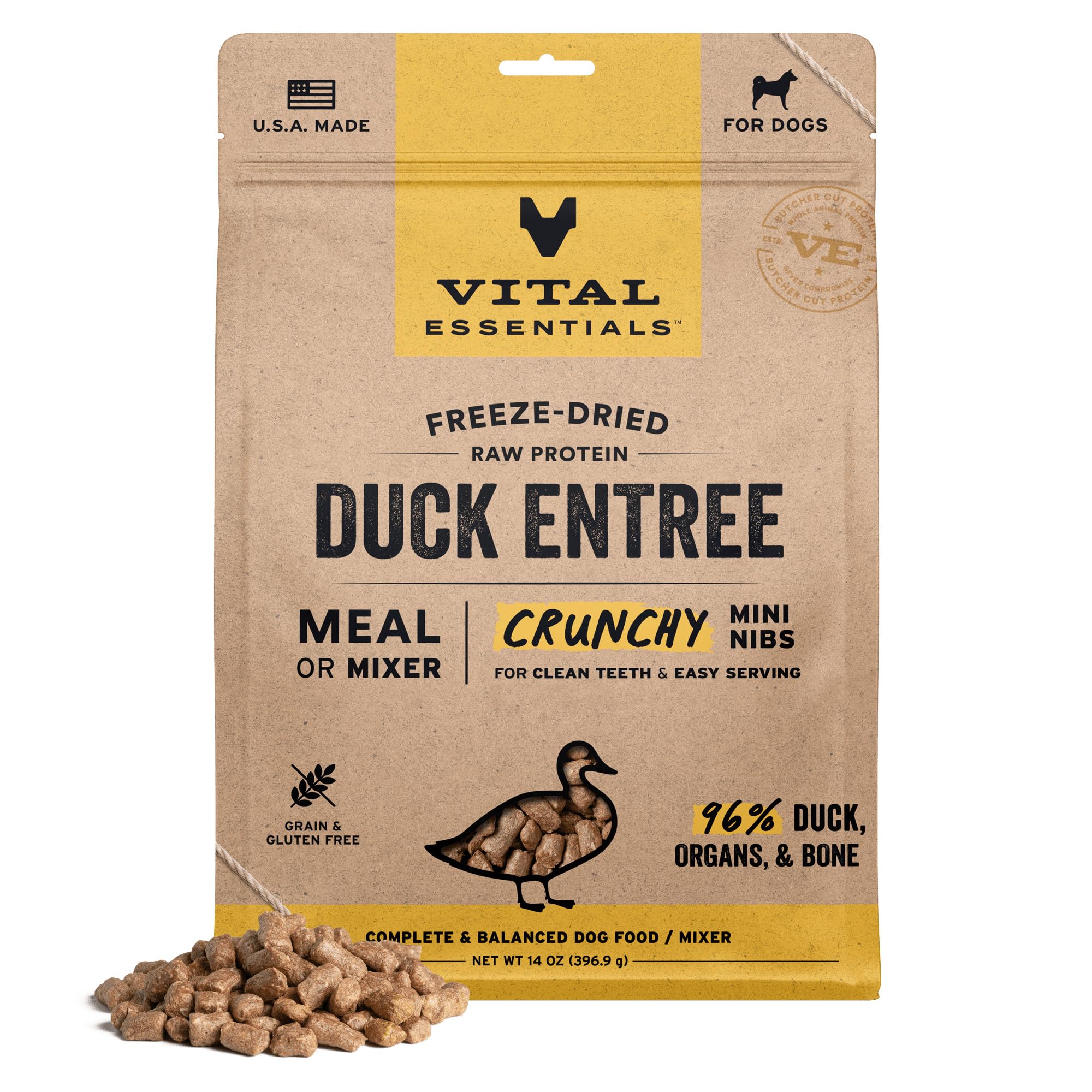 Vital Essentials Freeze Dried Dog Food, Raw Duck Crunchy Mini Nibs | Complete Meal or Topper | 96% Duck, Organs & Bone | Limited Ingredient, High Protein, Grain Free Dry Dog Food | 14 oz Bag