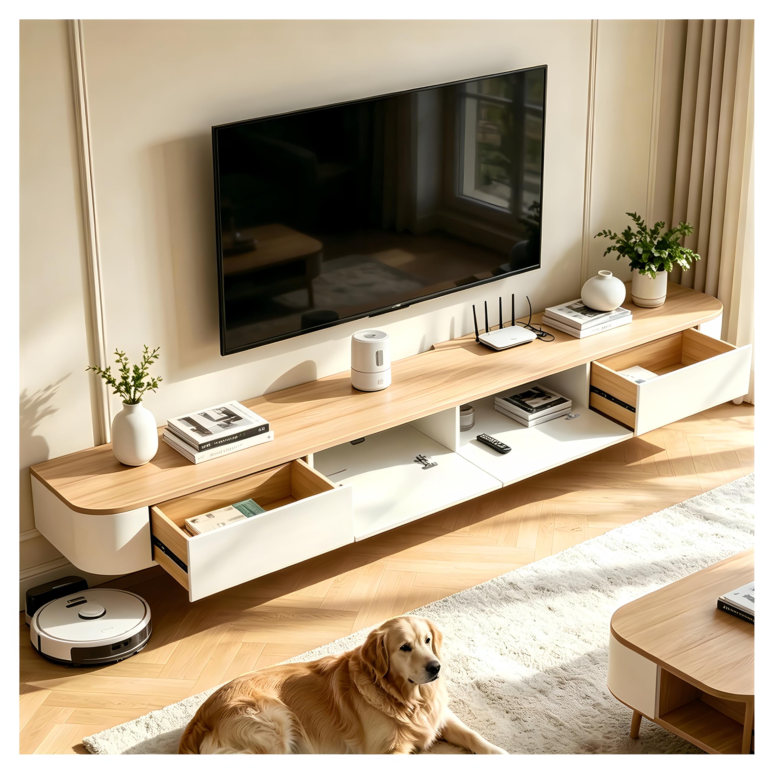 Mueble de TV flotante premontado con cajones, mueble de TV de madera montado en la pared, consola flotante moderna con gran almacenamiento, banco de TV que ahorra espacio debajo de la TV para sala de