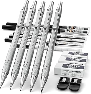Nicpro 5 PCS Art Mechanical Pencils Set, Artist Metal Drafting Pencil 0.5 & 0.7 & 0.9 mm & 2 PCS 2mm Graphite Lead Holder(4B 2B HB 2H) for Drawing Writing Sketching With Lead Refills Erasers Case